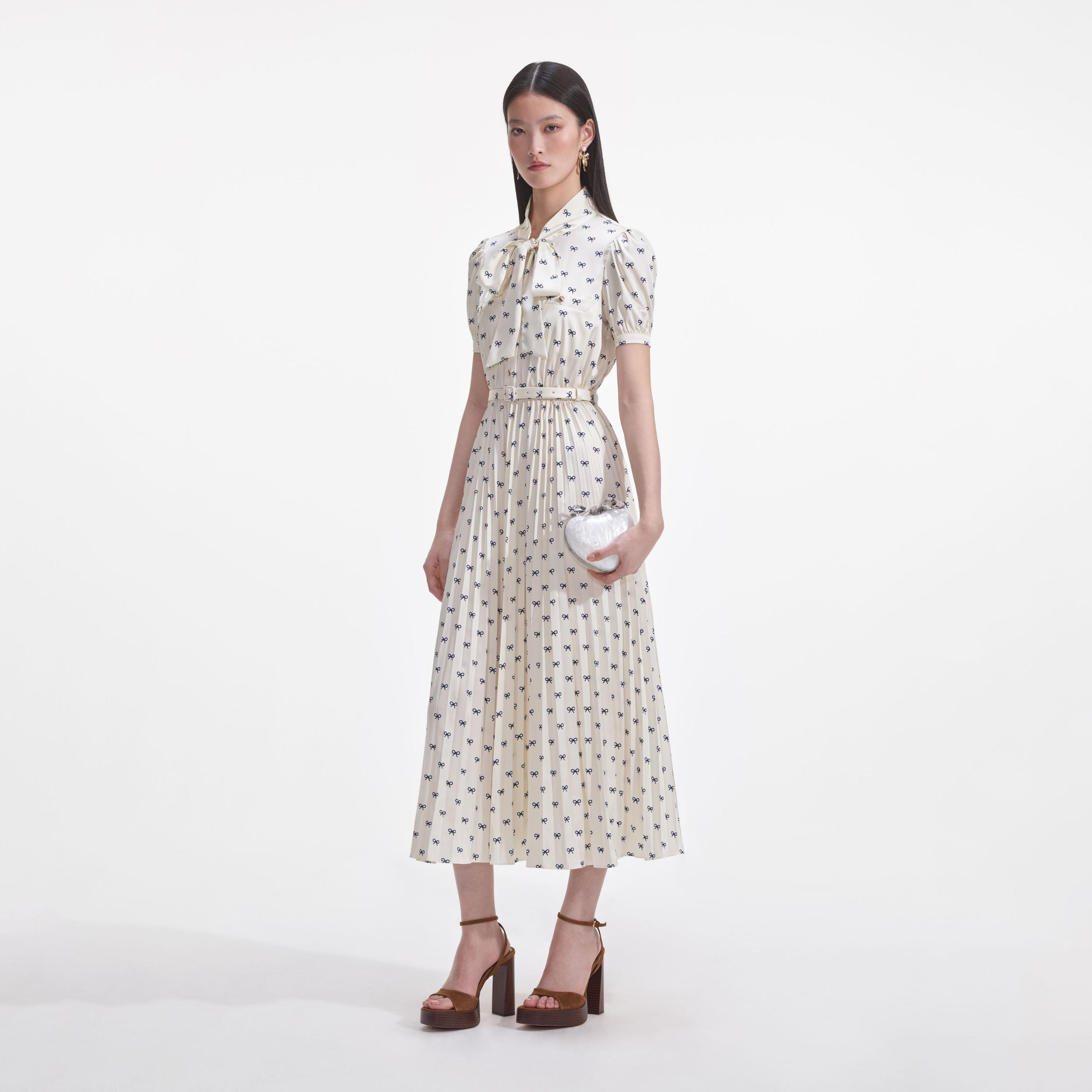 Cream Satin Bow Print Midi Dress Product Image