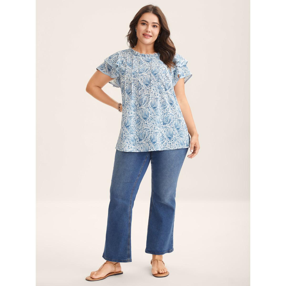 Plus Size LightBlue Paisley Print Ruffled Layered Sleeve Blouse Women Boho Cap Sleeve Round Neck Vacation Blouses BloomChic 22-24/3X Product Image