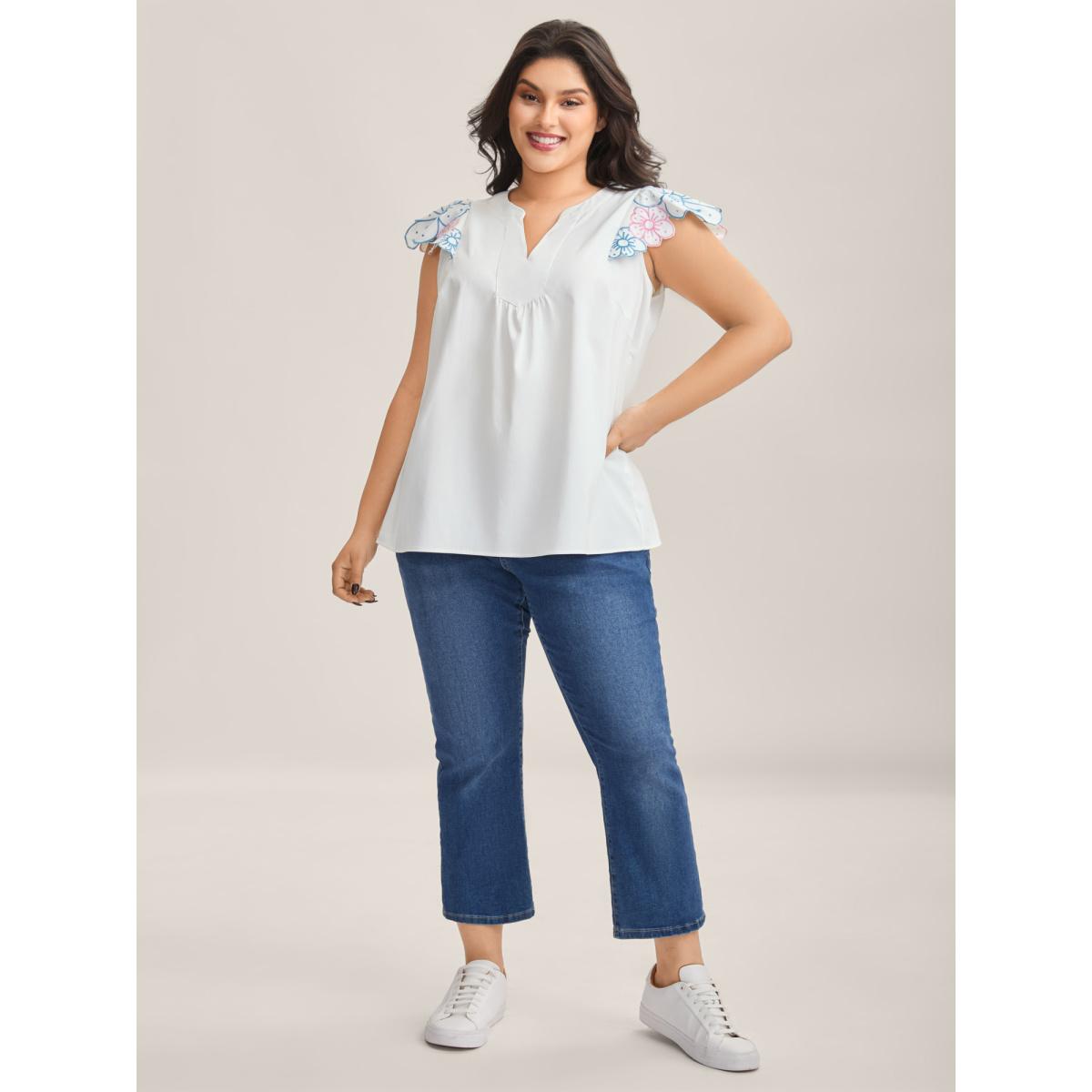 Plus Size Originalwhite Floral Lotus Leaf Sleeve Split Neck Blouse Women Cap Sleeve Notched collar Casual Blouses BloomChic 10/M Product Image