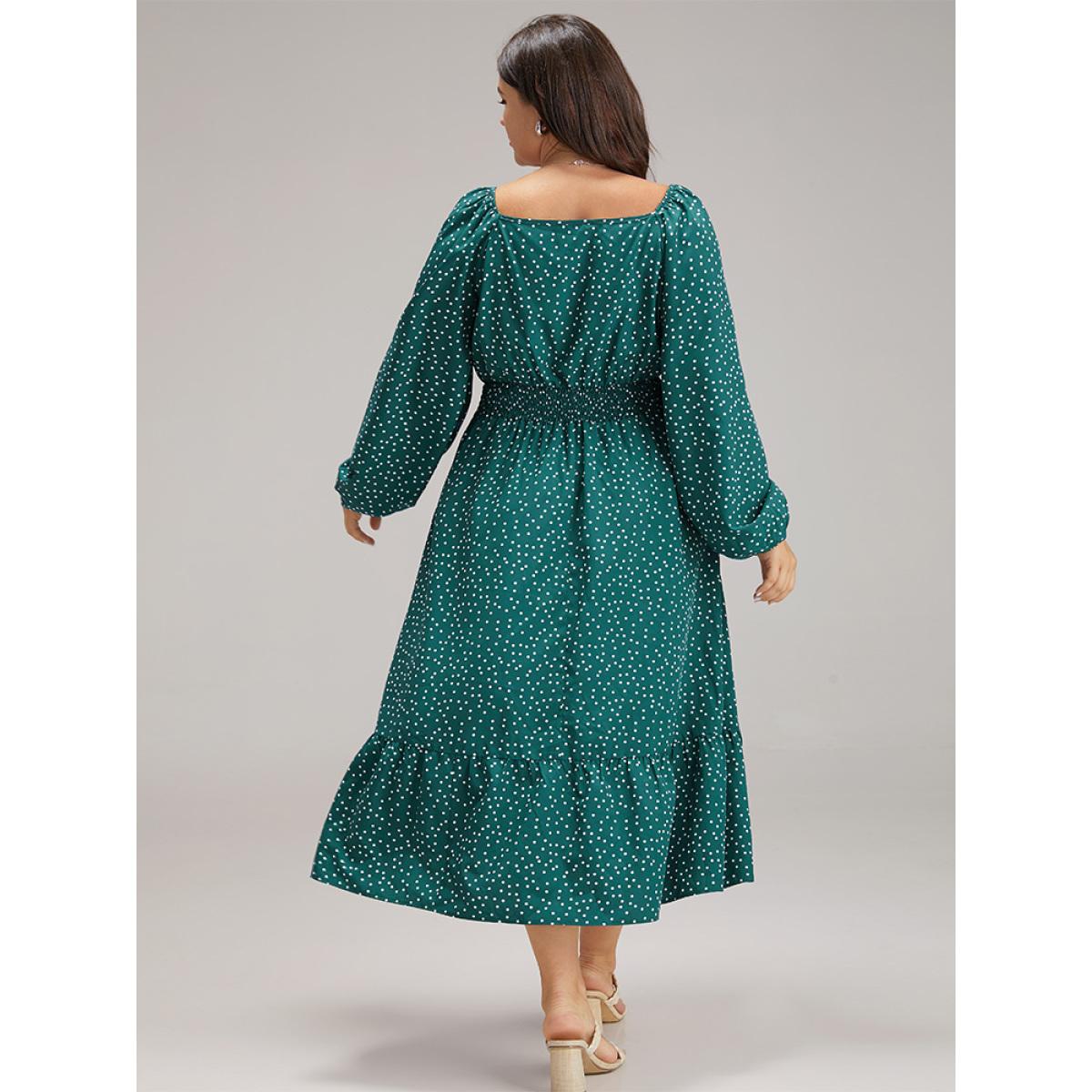 Plus Size Polka Dot Square Neck Shirred Button Detail Dress Teal Women Elegant Elastic cuffs Square Neck Long Sleeve Curvy Midi Dress BloomChic 30/6X Product Image
