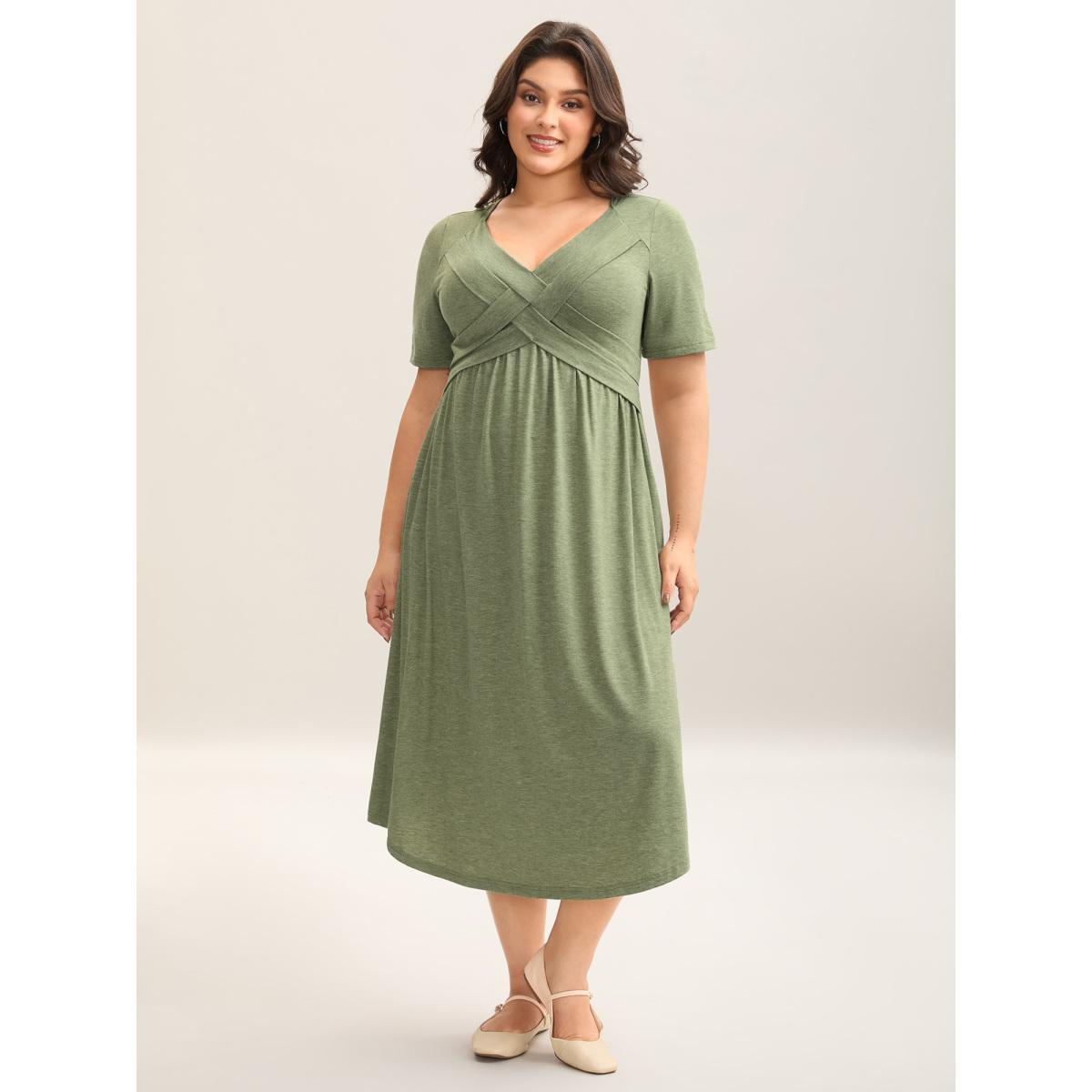 Plus Size Crossover Bodice Stretchy Heather Midi Dress Sage Women Knit Dresses Bloomchic 30/6X Product Image