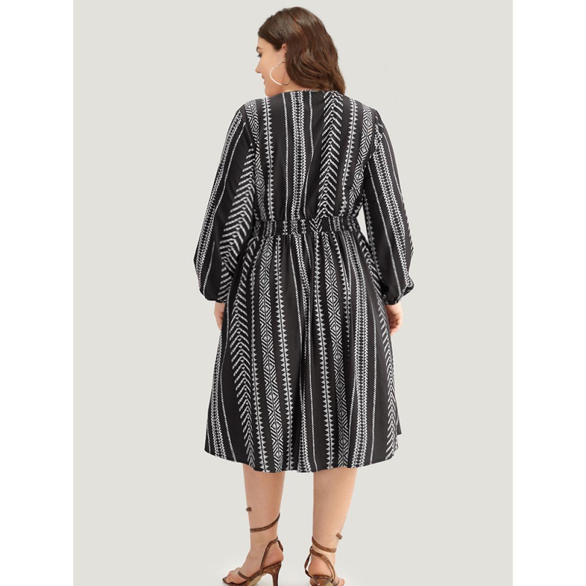 Plus Size Striped Boho Print Shirred Split Hem Dress Black Women Resort Elastic cuffs Notched collar Long Sleeve Curvy Midi Dress BloomChic 10/M Product Image