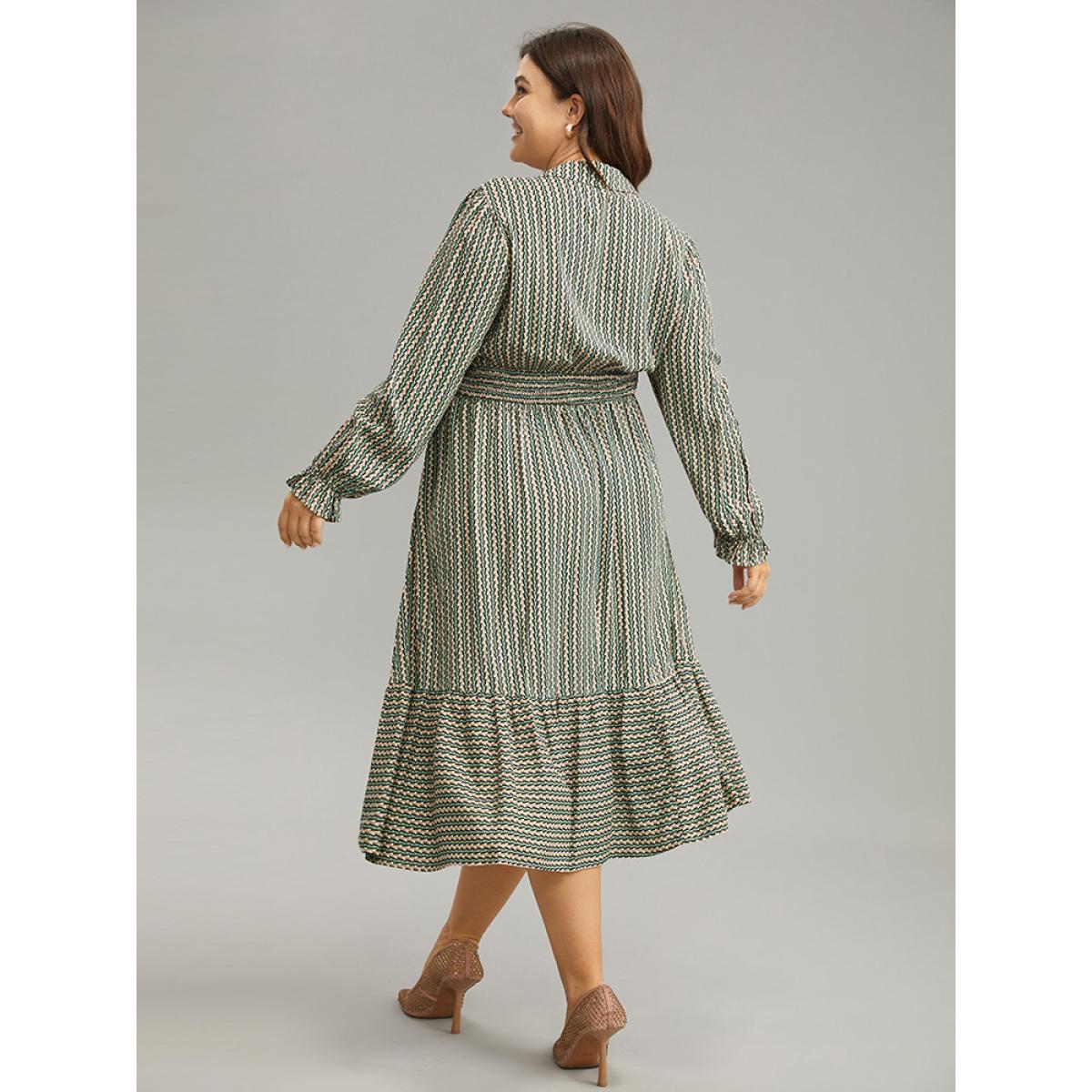 Plus Size Striped Geometric Bowknot Keyhole Shirred Dress Mint Women Work From Home Cross straps Shirt collar Long Sleeve Curvy Midi Dress BloomChic 26/4X Product Image