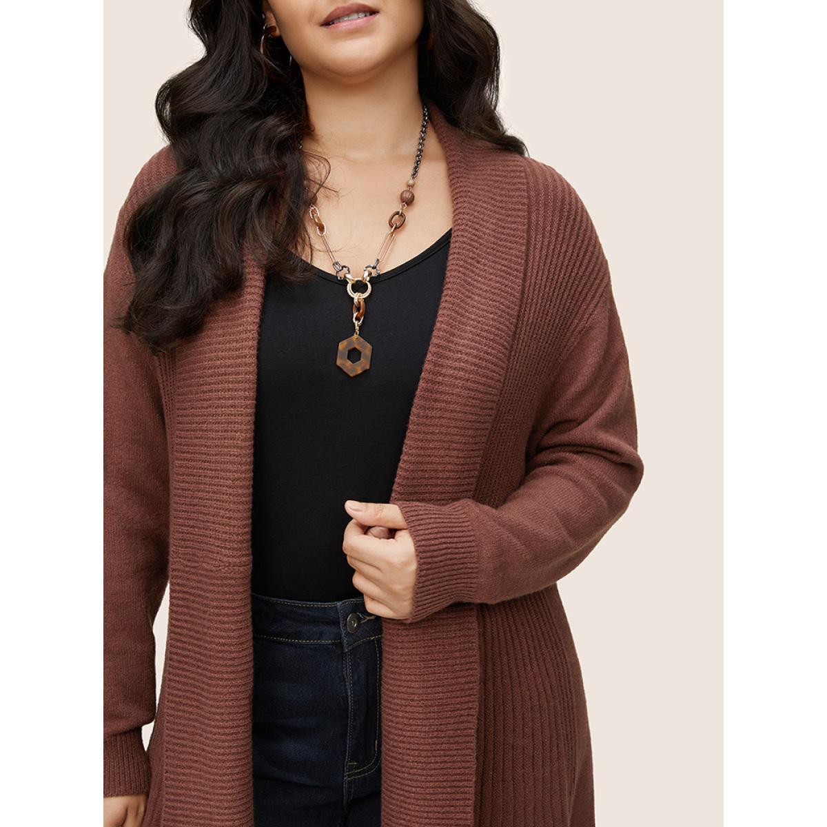 Plus Size Supersoft Essentials Lapel Collar Knit Drop Shoulder Cardigan DarkBrown Women Casual Loose Long Sleeve Dailywear Cardigans BloomChic 30/6X Product Image