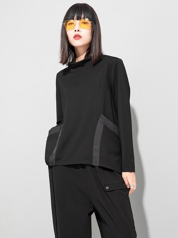 Casual Loose Long Sleeves Split-Joint Solid Color Stand Collar T-Shirts Tops Product Image