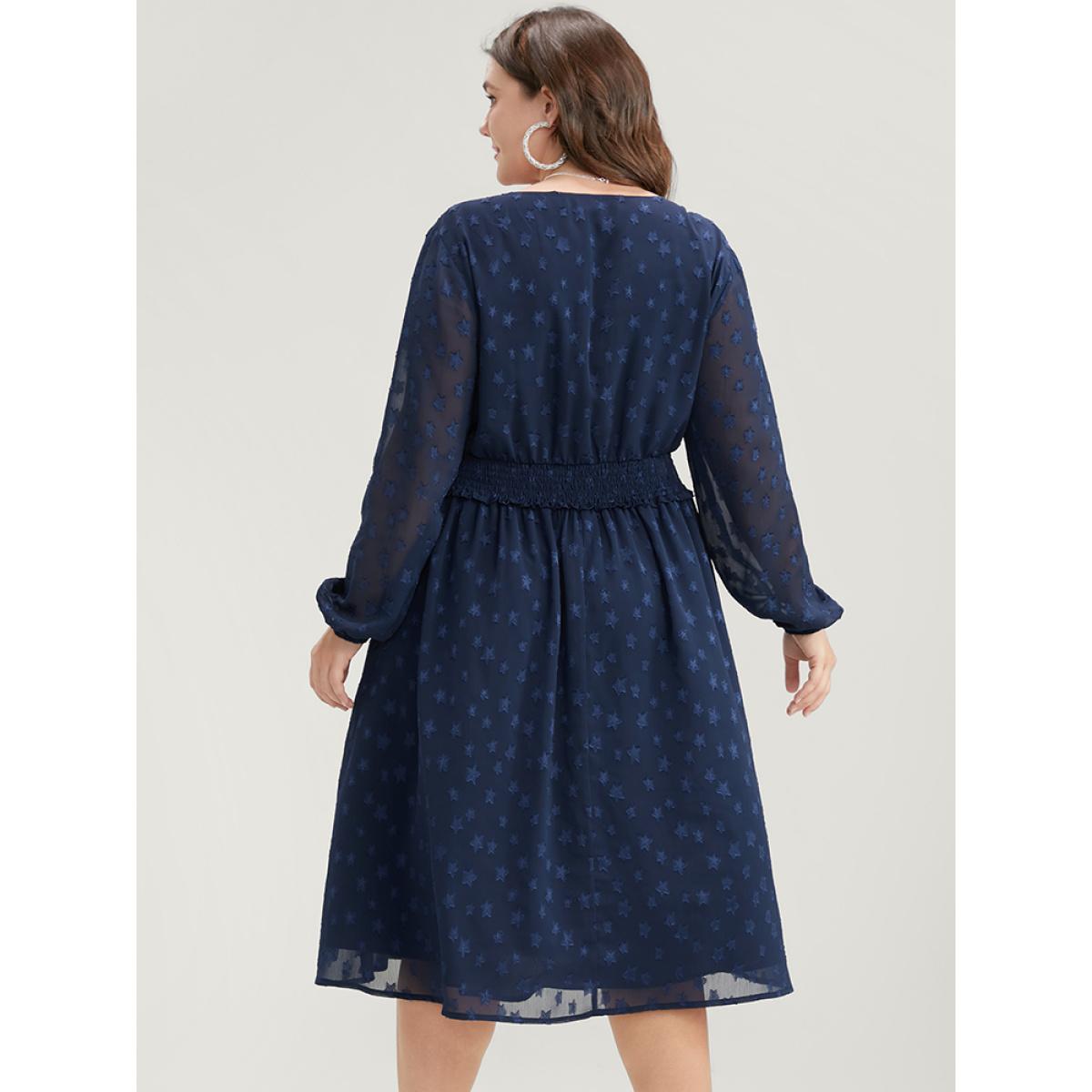 Plus Size Star Print Pocket Lantern Sleeve Shirred Chiffon Dress Navy Women Glamour Elastic Waist V-neck Long Sleeve Curvy Knee Dress BloomChic 30/6X Product Image