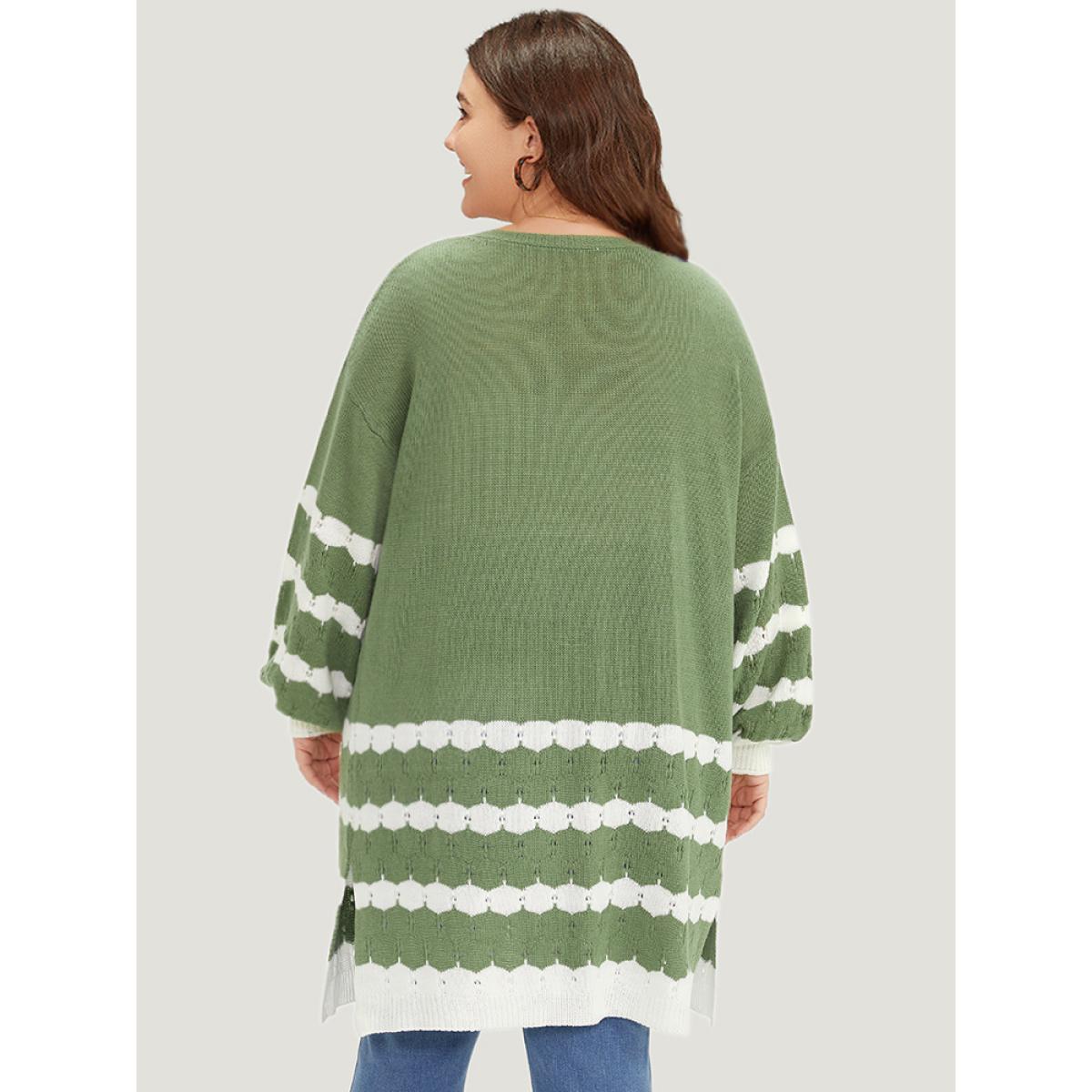 Plus Size Two Tone Open Front Split Side Cardigan Green Women Casual Loose Long Sleeve Everyday Cardigans BloomChic 18-20/2X Product Image