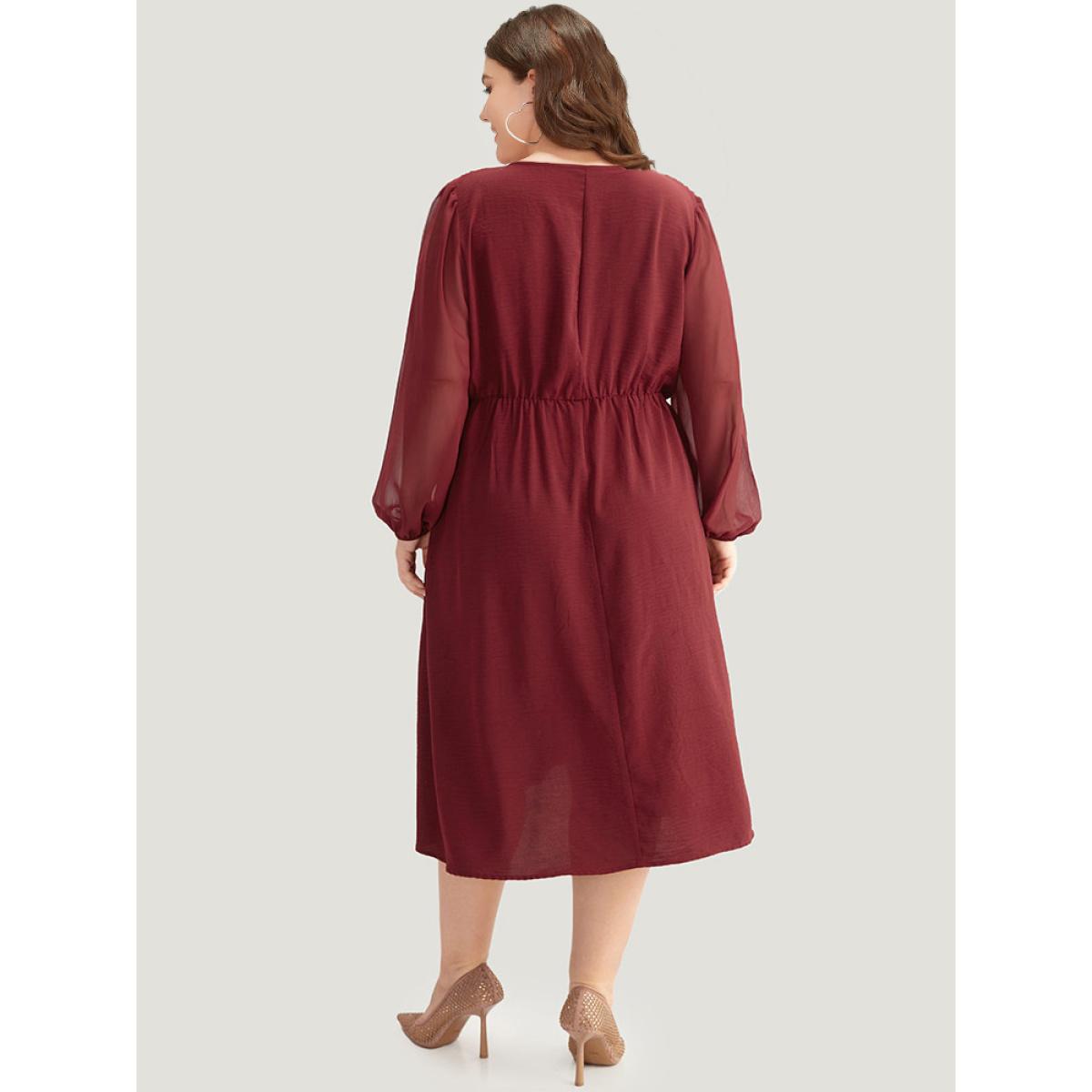 Plus Size Pearl Beaded Pocket Mesh Patchwork Dress Scarlet Women Elegant Elastic cuffs V-neck Long Sleeve Curvy Midi Dress BloomChic 18-20/2X Product Image