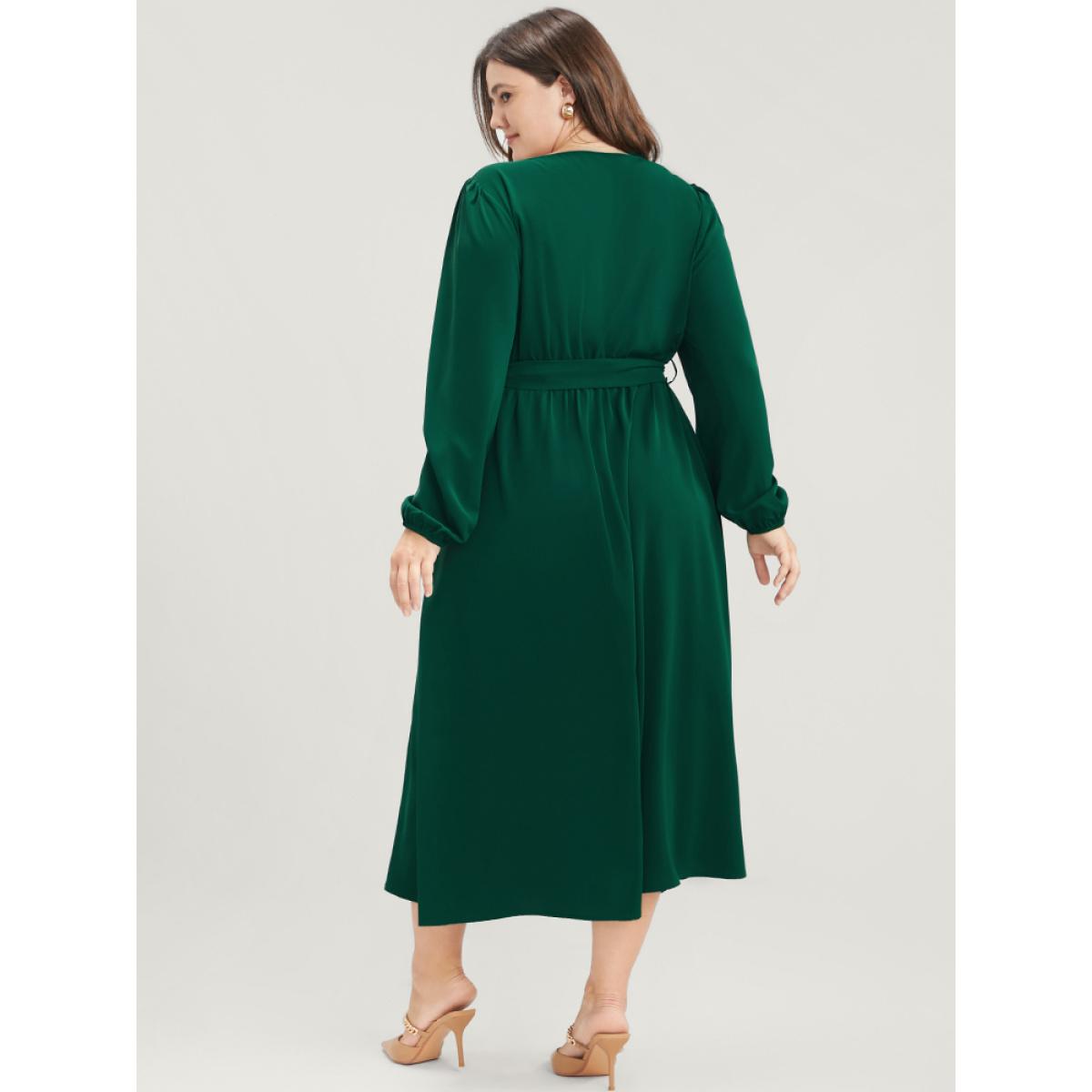 Plus Size Solid V Neck Pocket Belted Lantern Sleeve Midi Dress DarkGreen Women Elegant Belted V-neck Long Sleeve Curvy Midi Dress BloomChic 12/L Product Image