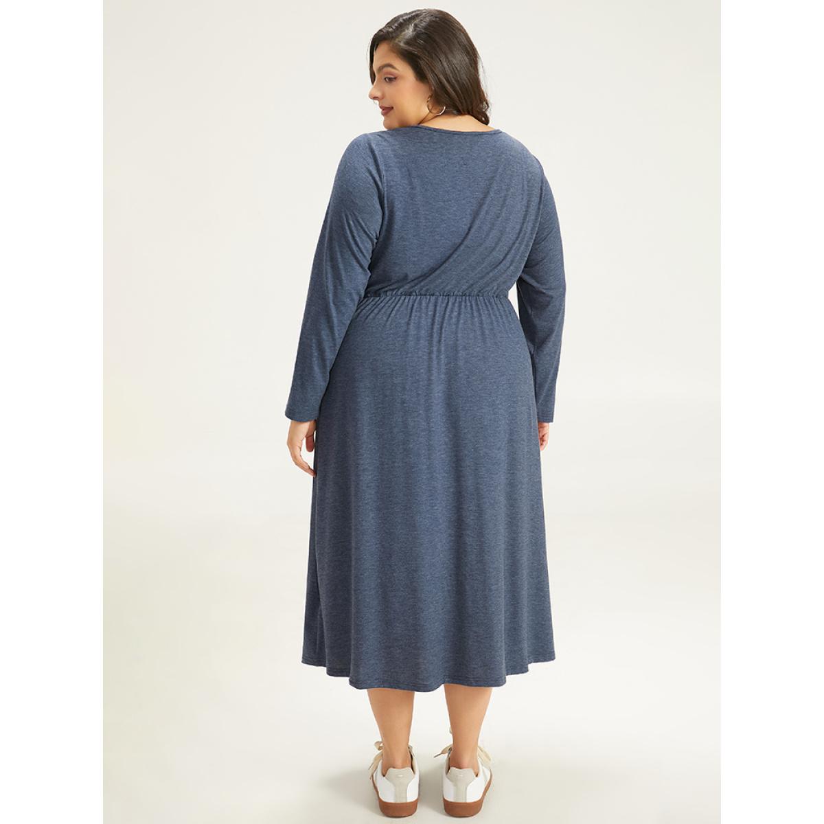 Plus Size Plain Crew Neck Twist Front Split Hem Dress Indigo Women Casual Plain Round Neck Long Sleeve Curvy Midi Dress BloomChic 30/6X Product Image