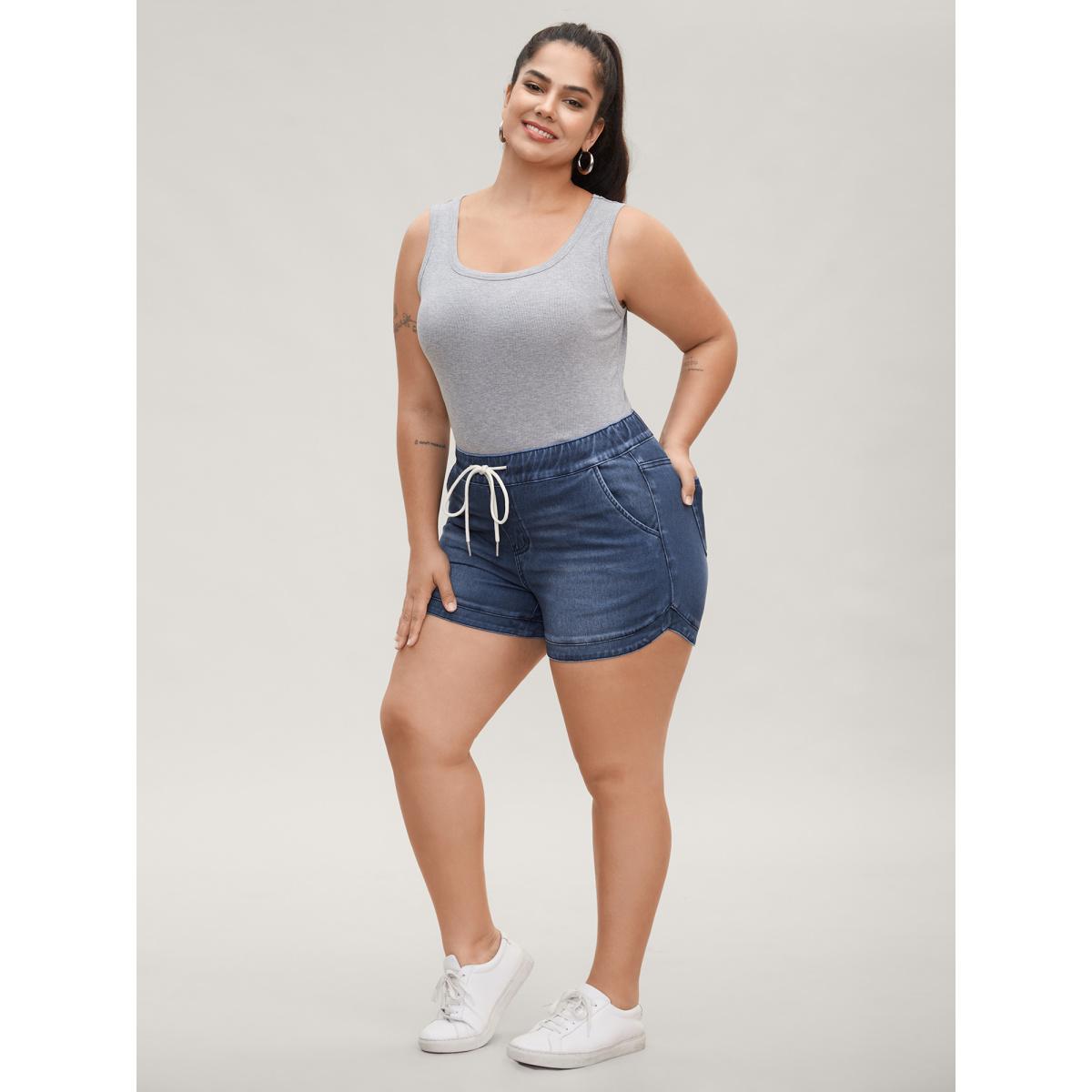 Plus Size Pull-On Drawstring Waist Denim Shorts Women Denimindigo Slanted pocket Leisure Denim Shorts BloomChic 24/3X Product Image