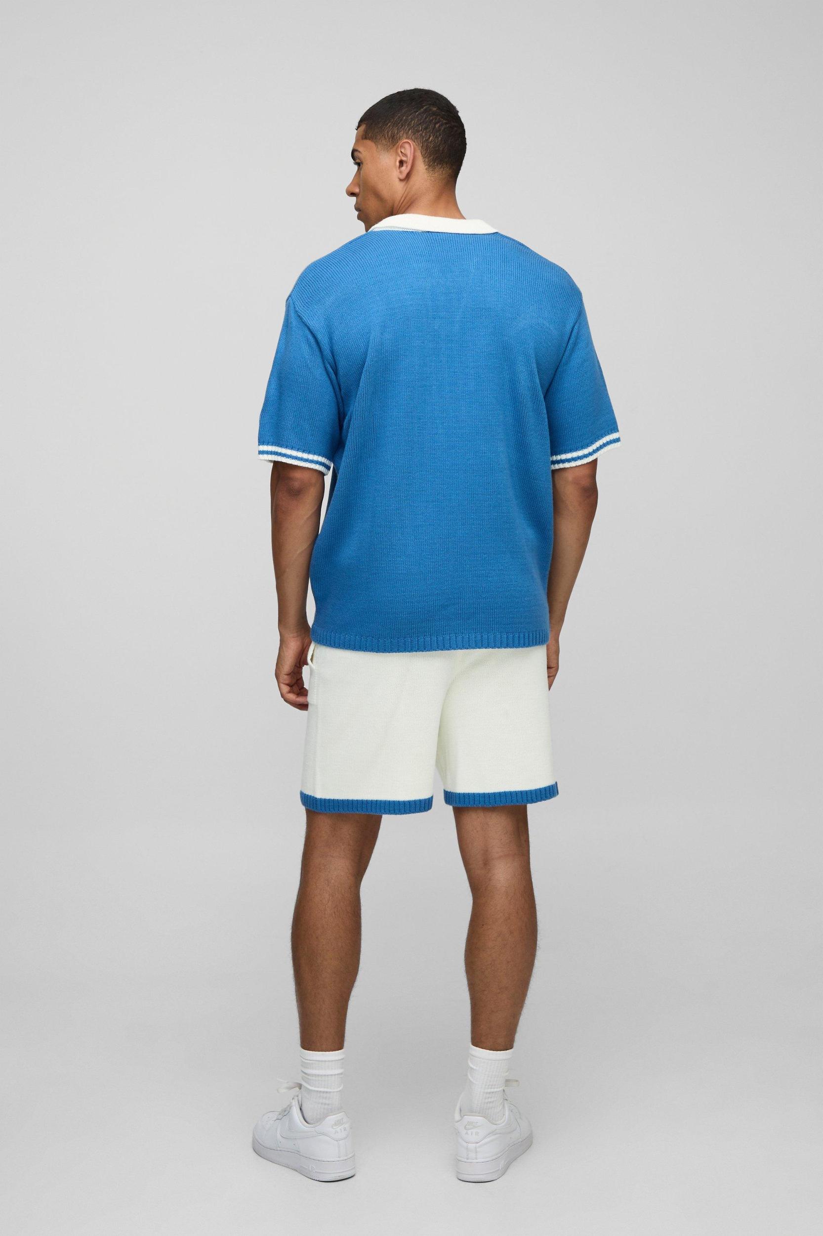 Oversized V Neck Limited Edition Short Sleeve Knitted Polo & Short Set | boohooMAN USA Product Image