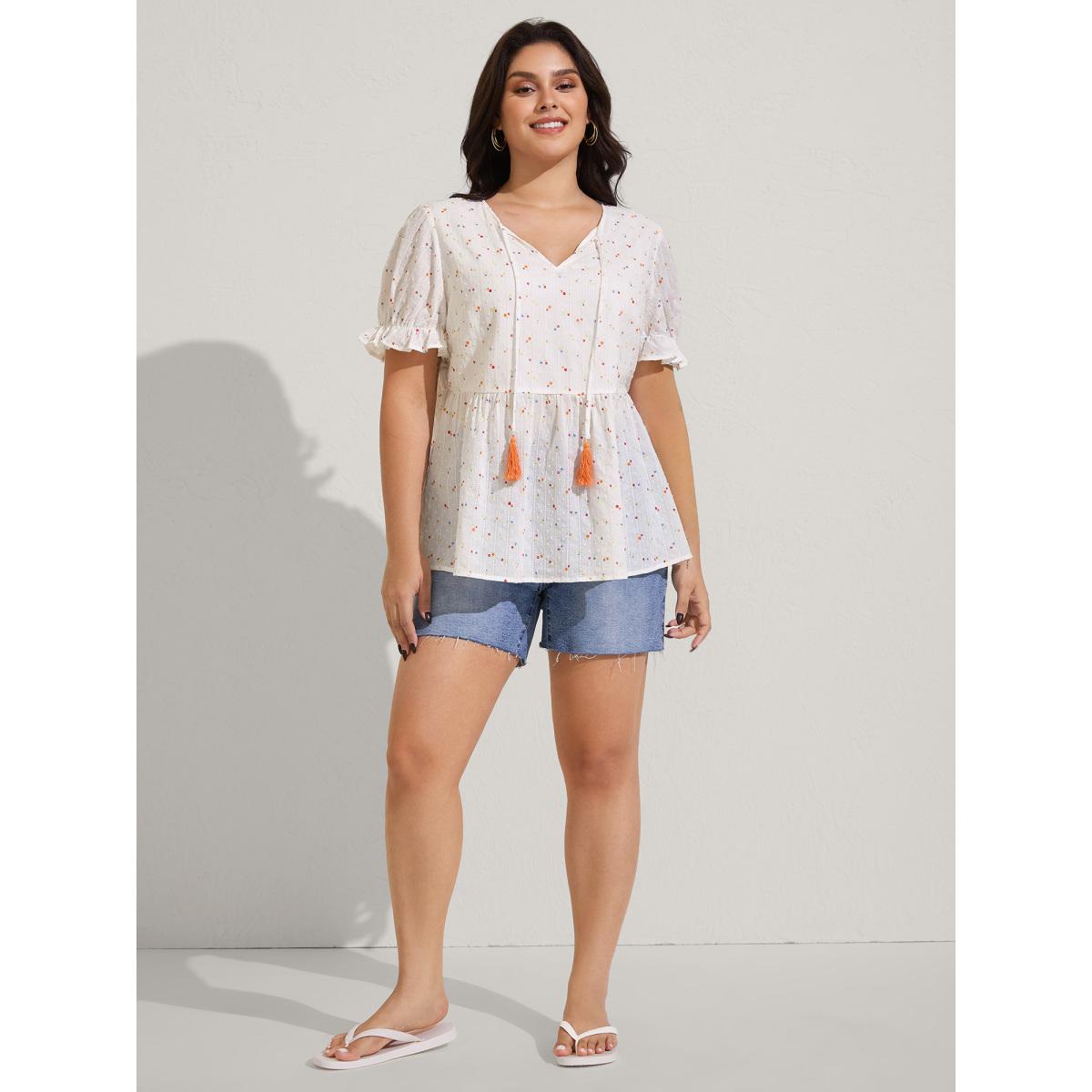 Plus Size Beige Cotton Colorful Embroidered Tassels Solid Blouse Women Short sleeve V-neck Vacation Blouses BloomChic 12/L Product Image