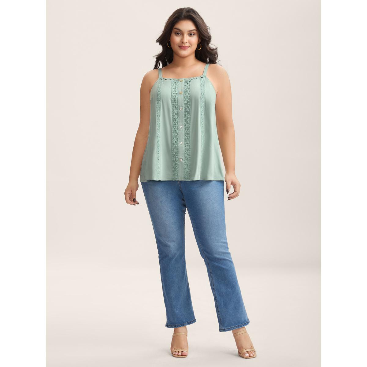 Plus Size Rayon Lace Trim Adjustable Straps Tank Top Women Greenbean Woven ribbon&lace trim Non Everyday-Elegant Tank Tops Camis BloomChic 26/4X Product Image