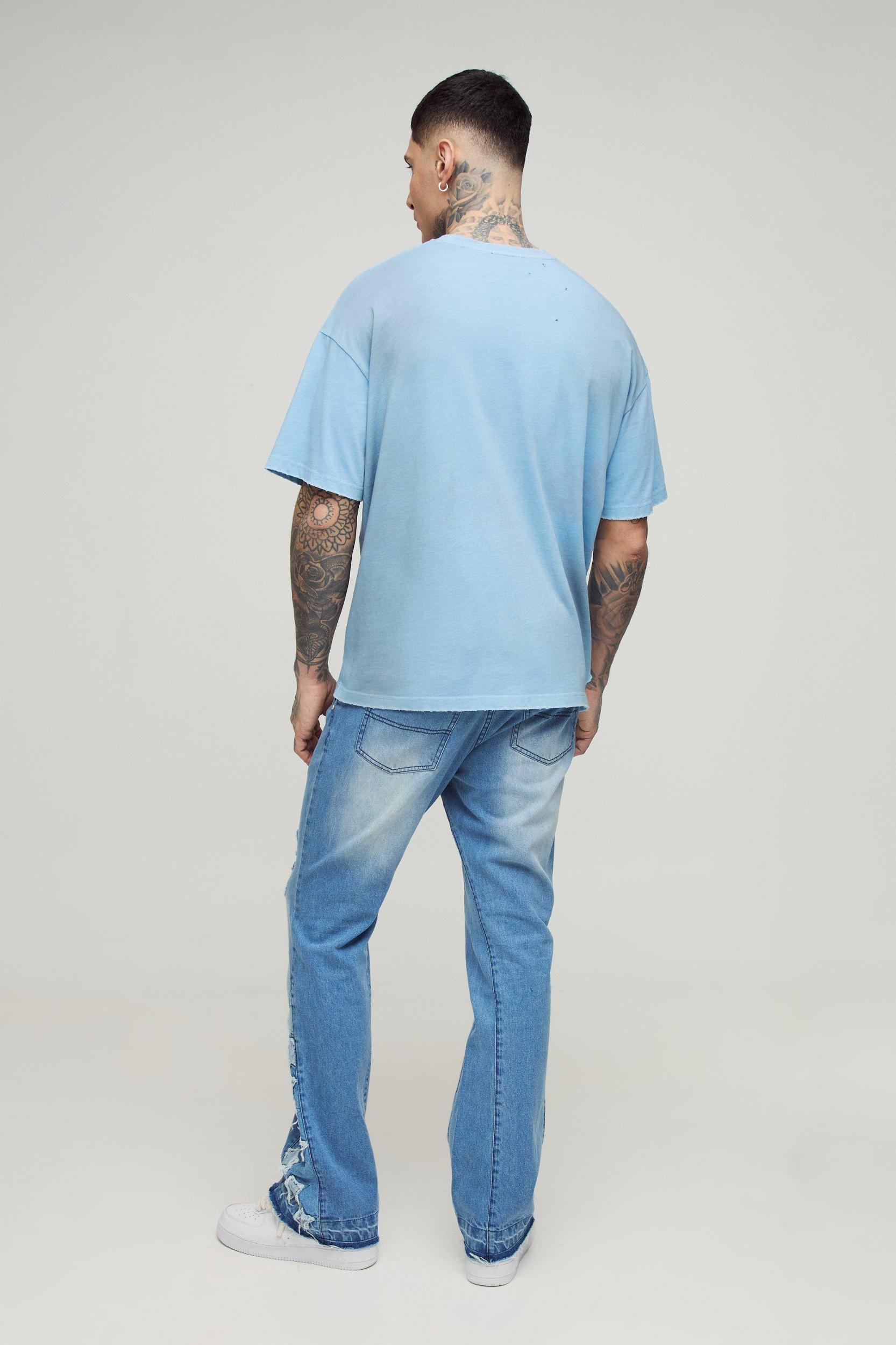 Tall Star Applique Gusset Distressed Flared Jeans | boohooMAN USA Product Image