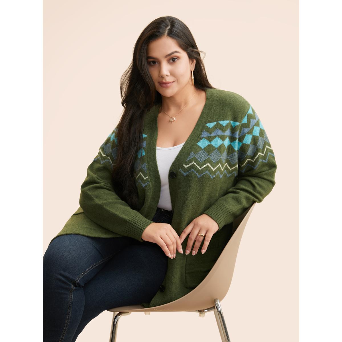Plus Size Bandana Geometric Patch Pocket Cardigan Moss Women Casual Loose Long Sleeve Everyday Cardigans BloomChic 10/M Product Image
