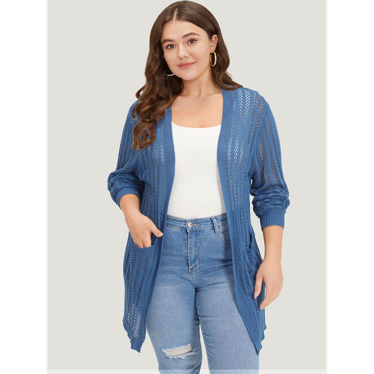 Plus Size Geometric Eyelet Patched Pocket Elastic Cuffs Cardigan Aegean Women Casual Loose Long Sleeve Everyday Cardigans BloomChic 22-24/3X Product Image