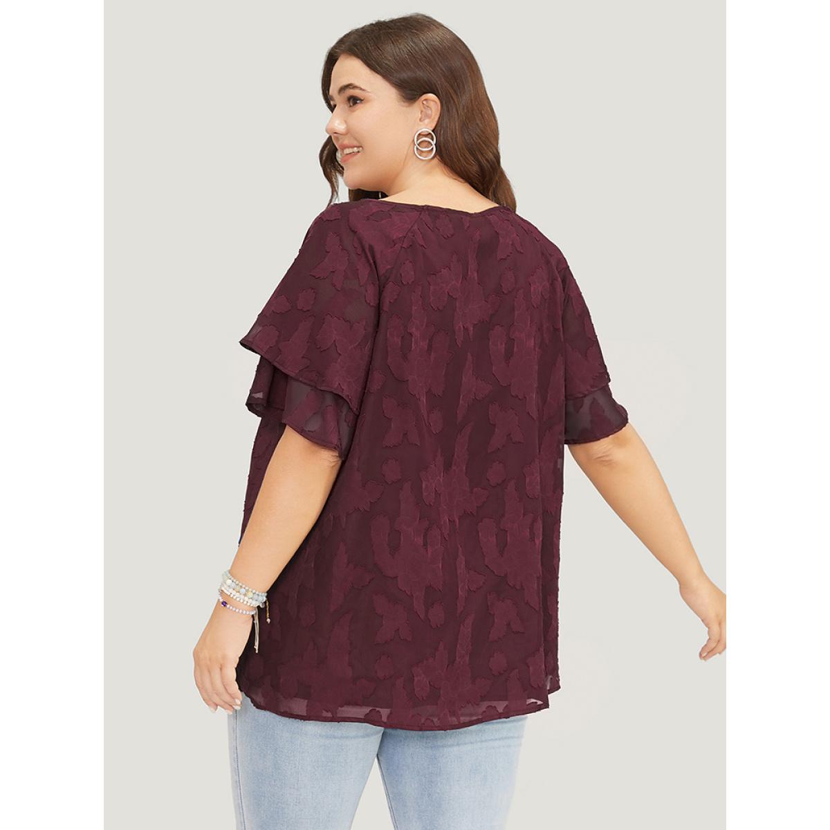 Plus Size Scarlet Floral Print Ruffle Tiered Raglan Sleeve Mesh Blouse Women Elegant Short sleeve Round Neck Everyday Blouses BloomChic 26/4X Product Image