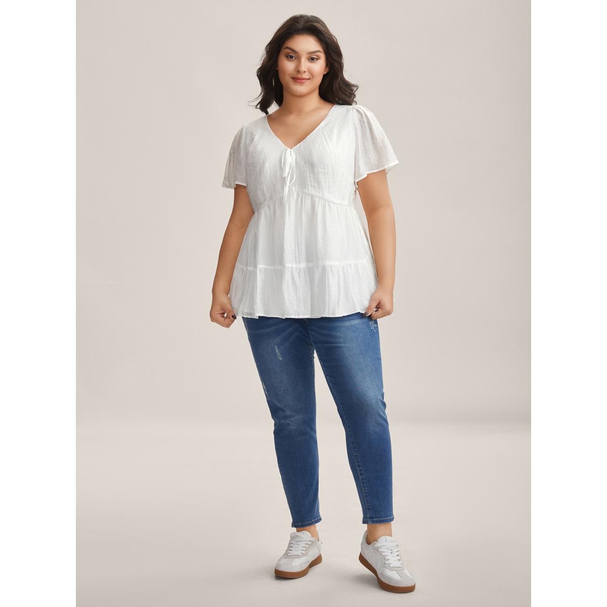 Plus Size Originalwhite Sheer V-Neck Tie Tiered Blouse Women Leisure Short sleeve V-neck Casual Blouses BloomChic 28/5X Product Image