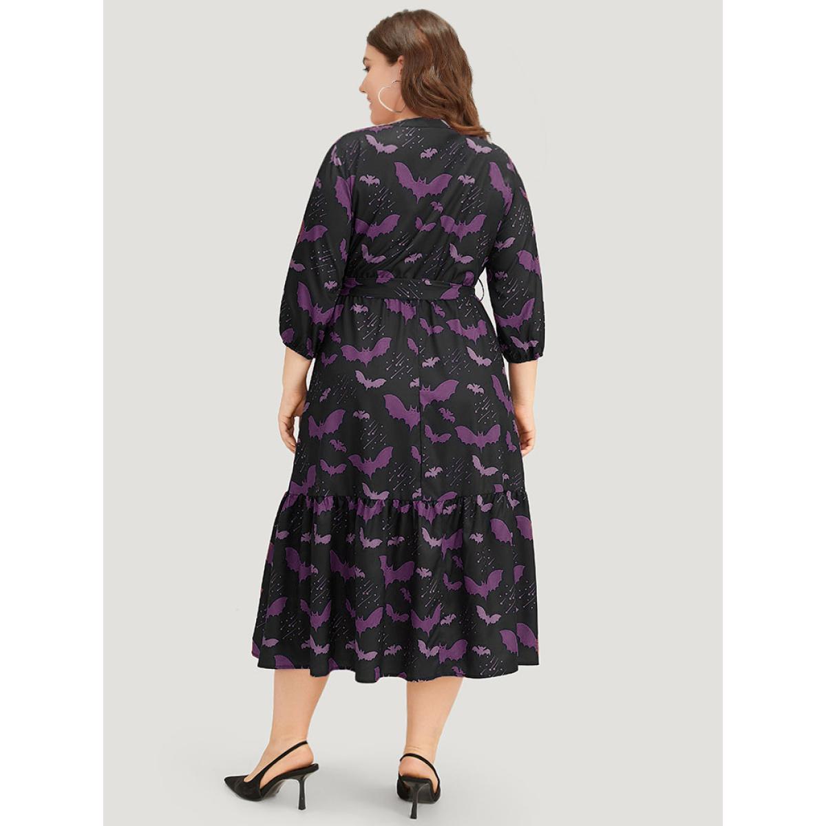 Plus Size Halloween Bat Print Notched Belted Pocket Dress Purple Women Office Elastic cuffs Notched collar Elbow-length sleeve Curvy Midi Dress BloomChic 14-16/1X Product Image