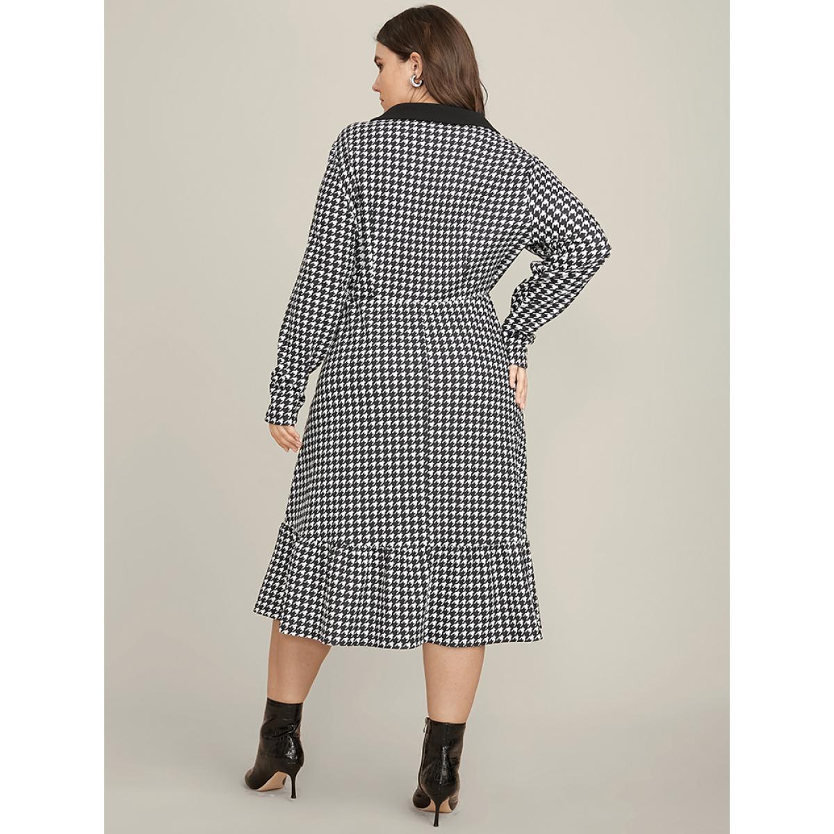 Plus Size Contrast Trim Suit Collar Pocket Ruffle Hem Houndstooth Dress Black Women Office Patchwork Suit Collar Long Sleeve Curvy Midi Dress BloomChic 14-16/1X Product Image