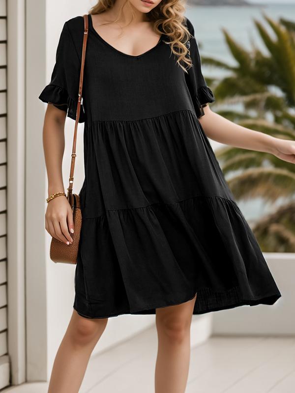 A-Line Flared Sleeves Pleated Pockets Ruffled Solid Color Split-Joint Round-Neck Mini Dresses Product Image
