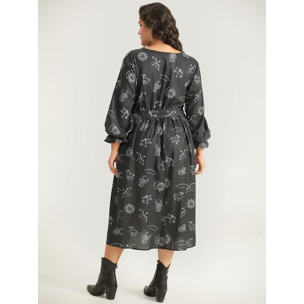 Plus Size Halloween Print Belted Pocket Wrap Split Hem Dress Black Women Elegant Elastic cuffs V-neck Long Sleeve Curvy Midi Dress BloomChic 10/M Product Image