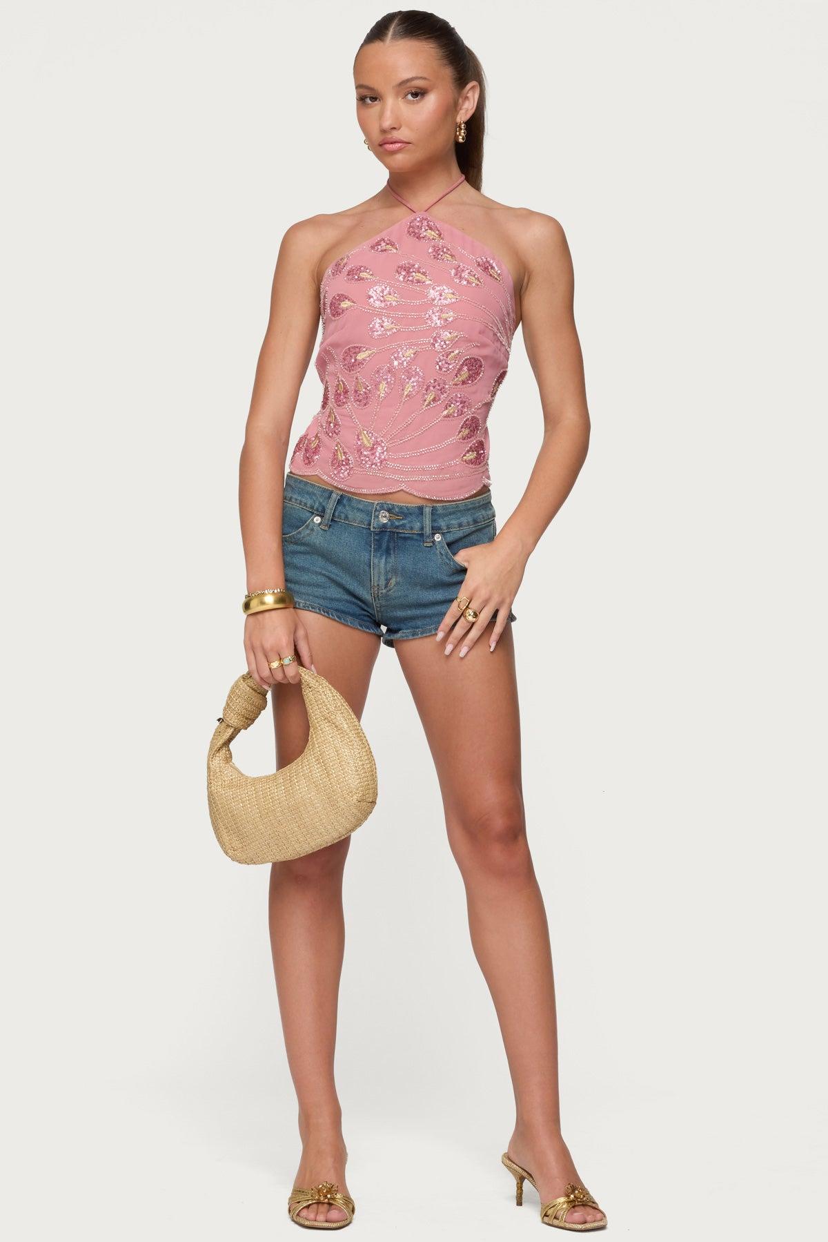 Embroidered Bead & Sequin Halter Top Product Image