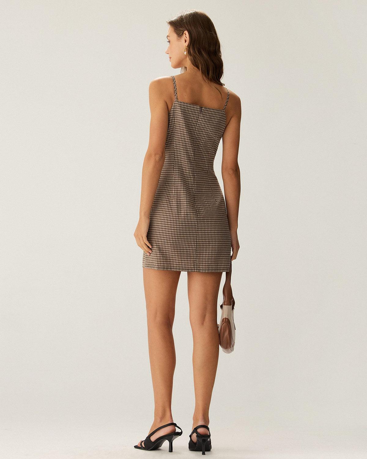 Brown Plaid Slip Mini Dress Product Image