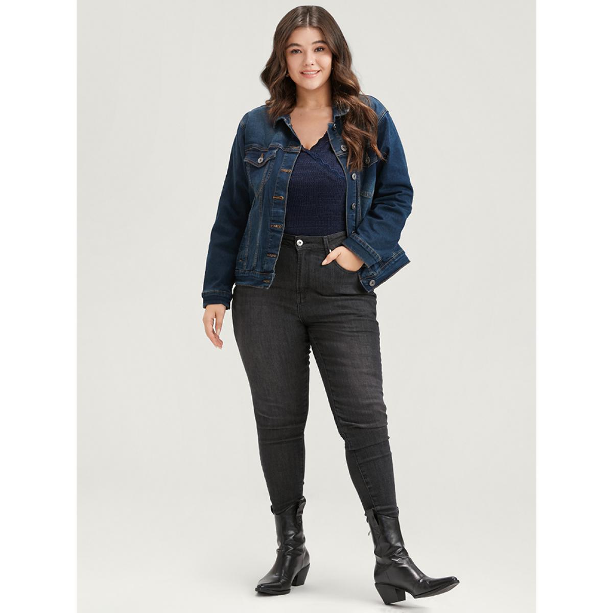 Plus Size Solid Lace Trim Rib Knit Surplice Neck Long Tee Indigo Women Elegant Wrap Plain V-neck Bodycon Dailywear T-shirts BloomChic 30/6X Product Image