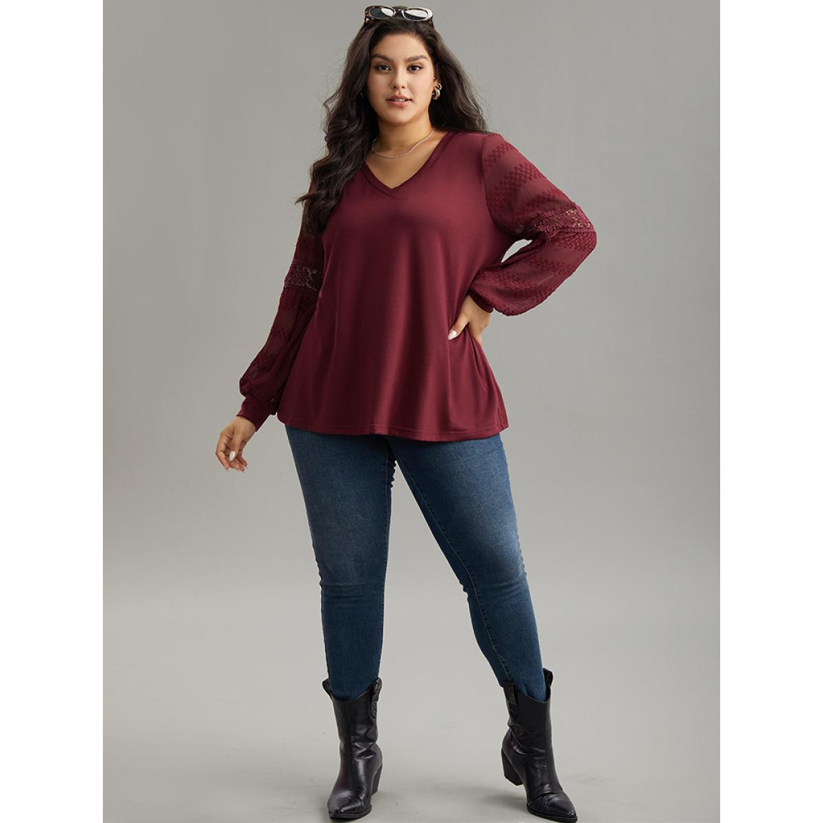 Plus Size Supersoft Essentials Solid Guipure Lace Cut Out T-shirt Burgundy Women Elegant Elastic cuffs Plain V-neck Dailywear T-shirts BloomChic 22-24/3X Product Image