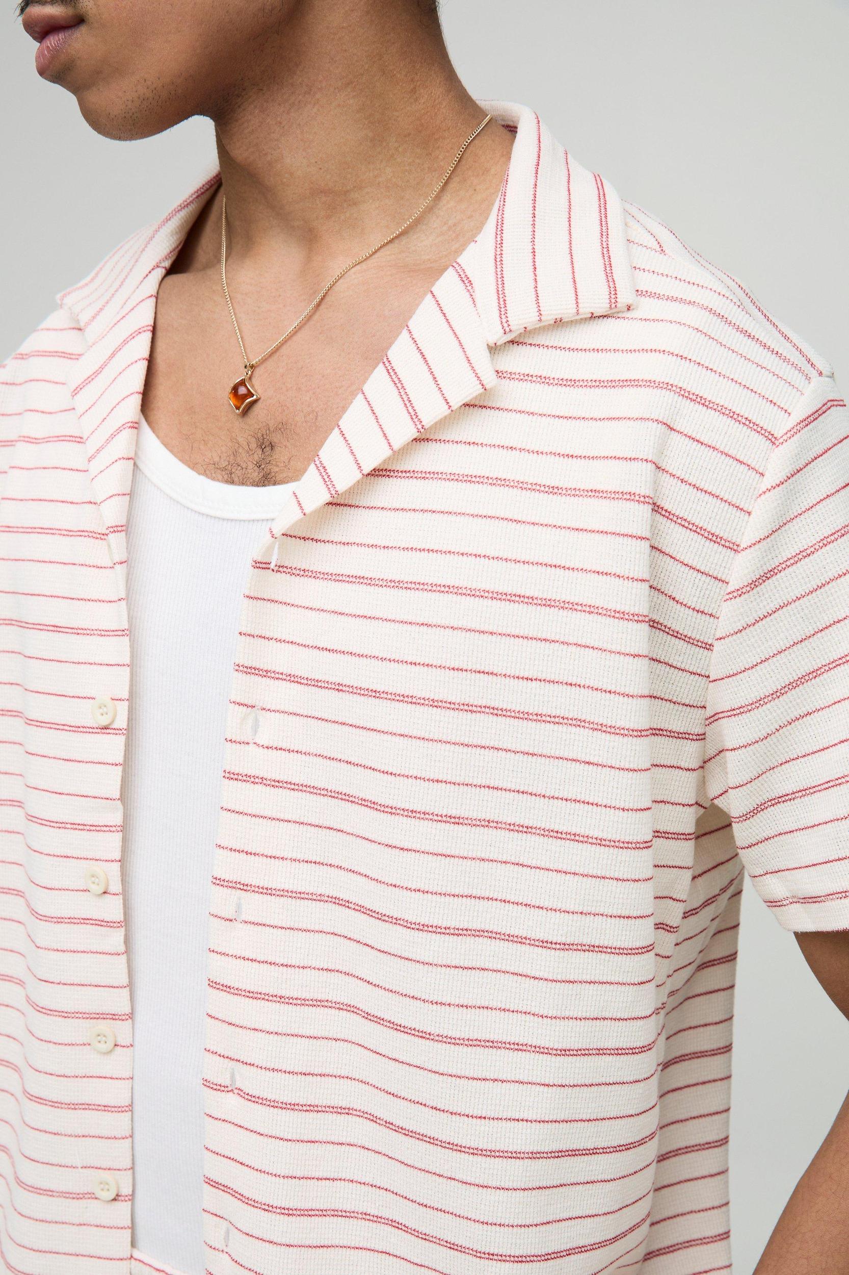 Regular Fit Waffle Textured Stripe Revere Collar Jersey Shirt and Shorts Set | boohooMAN USA Product Image