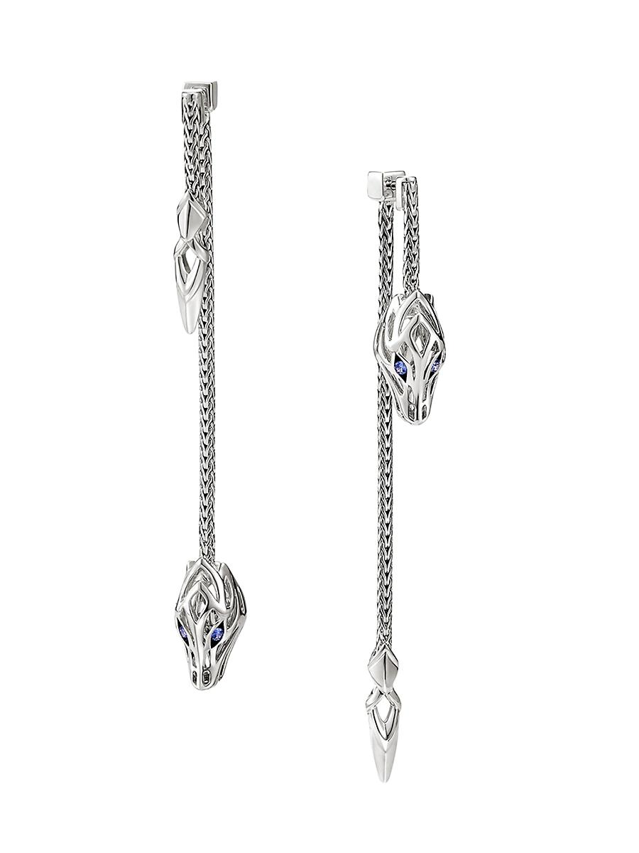 Womens Naga Dragon Sterling Silver & Blue Sapphire Asymmetric Drop Earrings Product Image