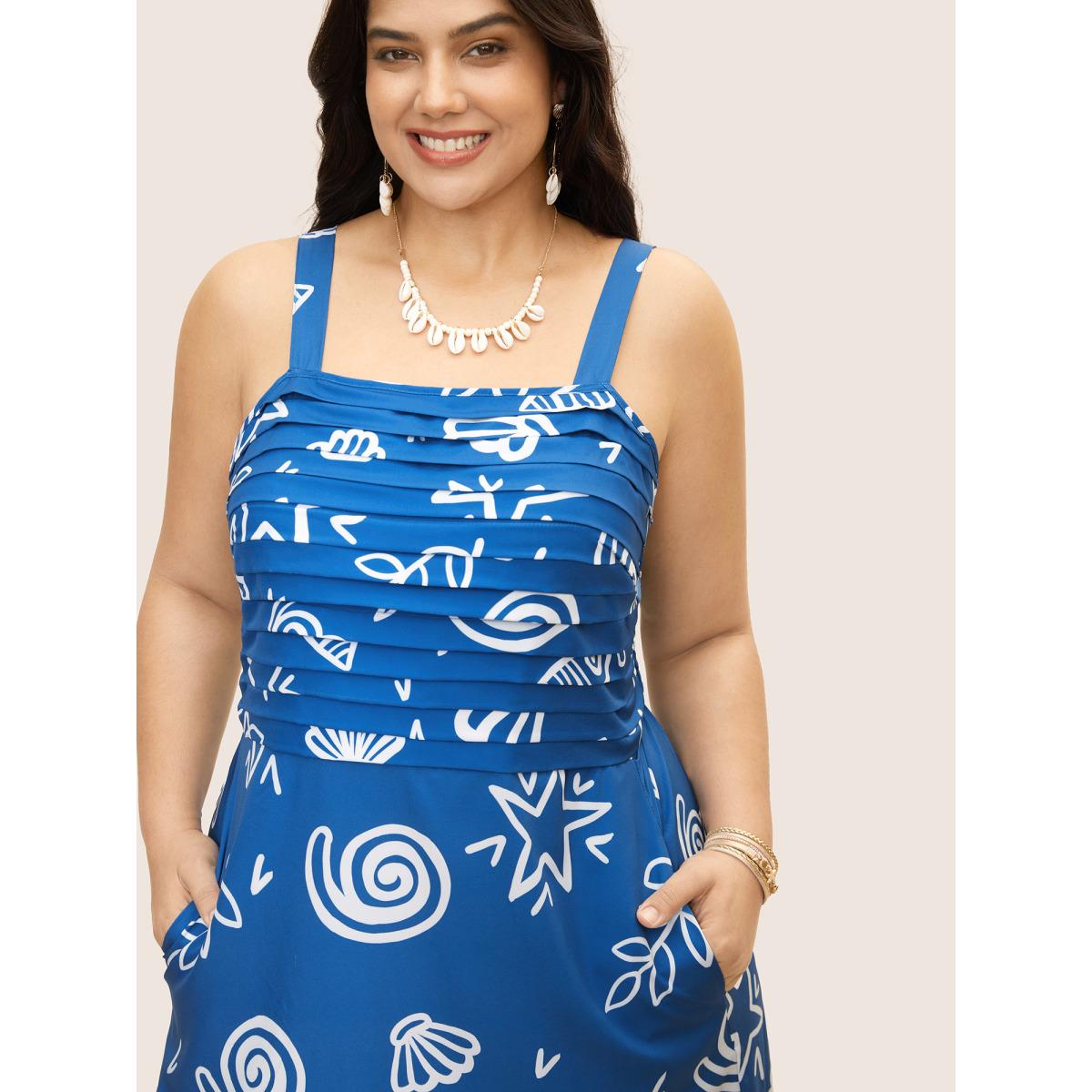 Plus Size Marine Elements Pleated Slit Hem Dress Mediumblue Women Resort Pleated Square Neck Sleeveless Curvy BloomChic 18-20/2X Product Image