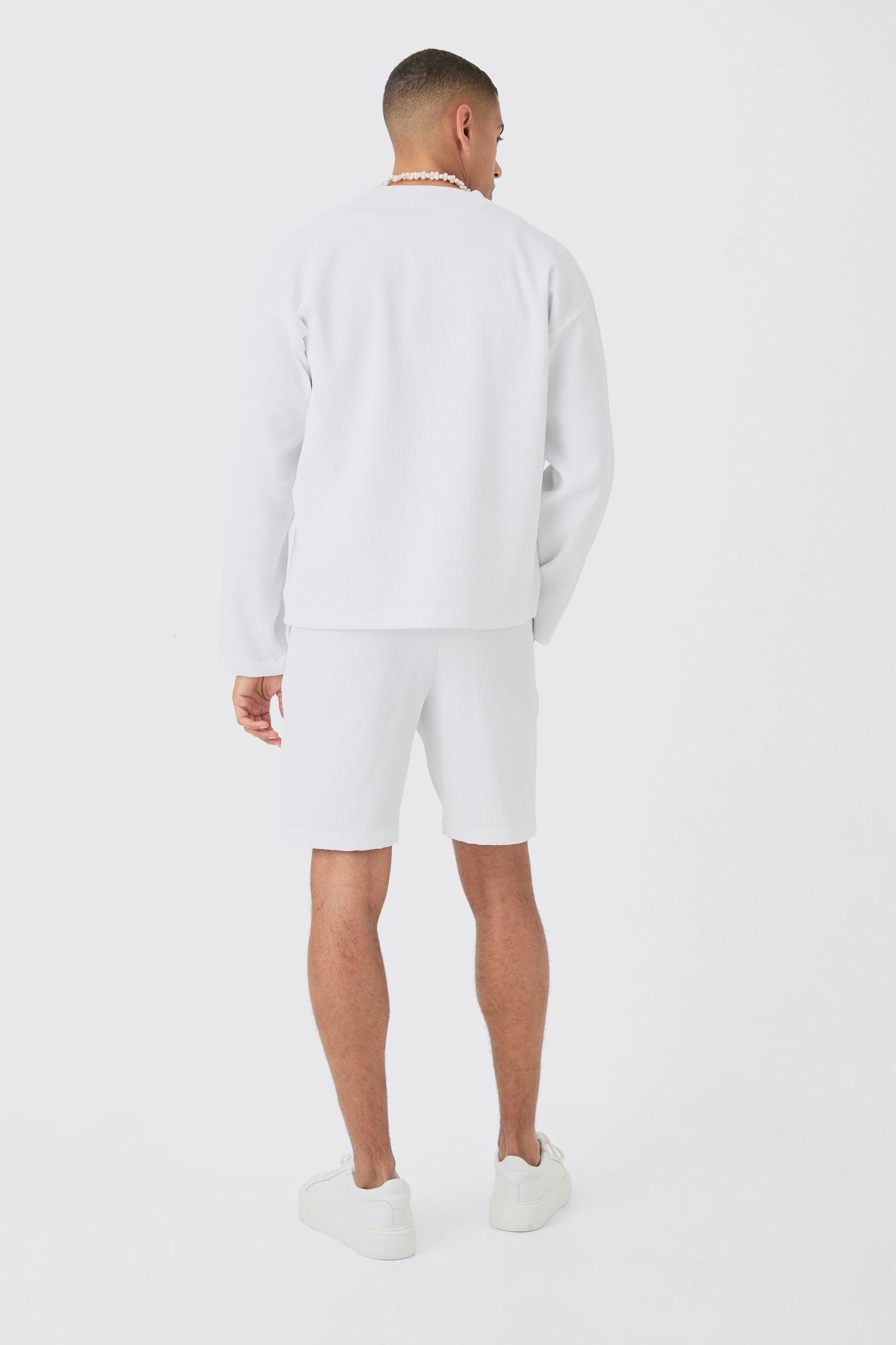 Pleated Longsleeve Collarless Boxy Shirt & Short Set | boohooMAN USA Product Image