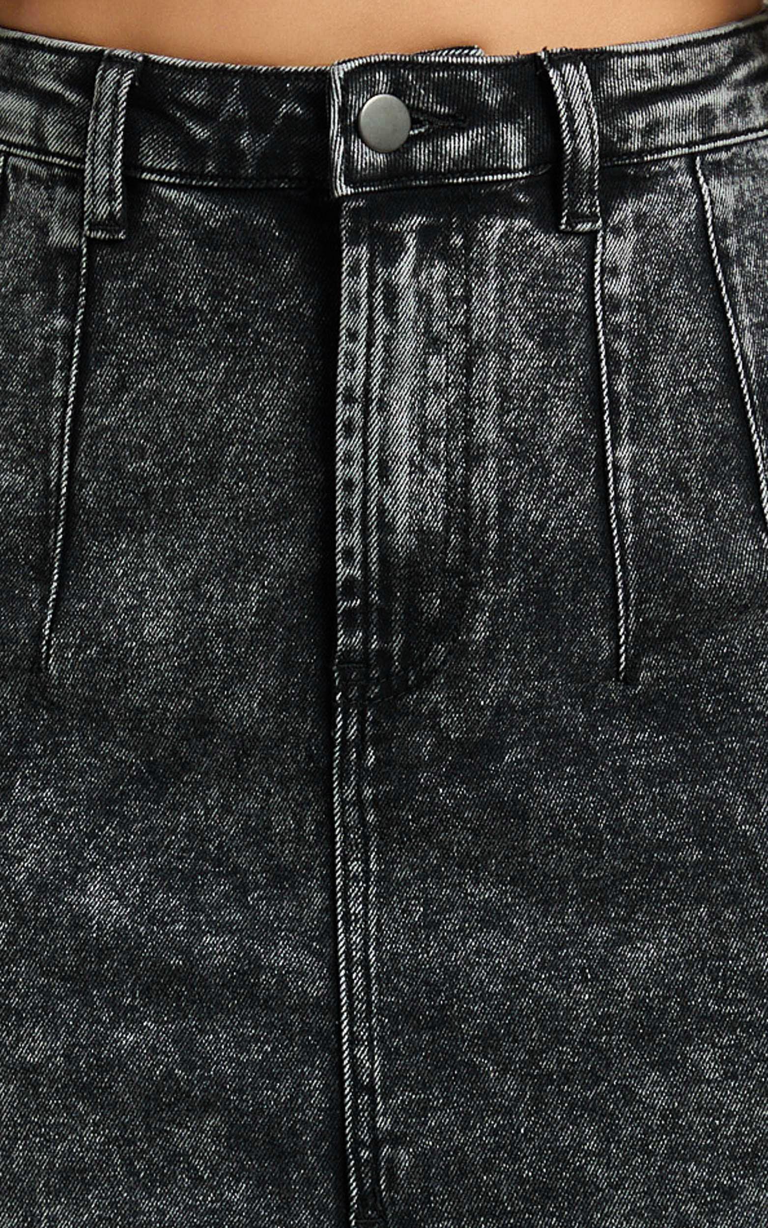 Janeve Midi Skirt - Front Split Denim Skirt in Black Acid Wash Product Image