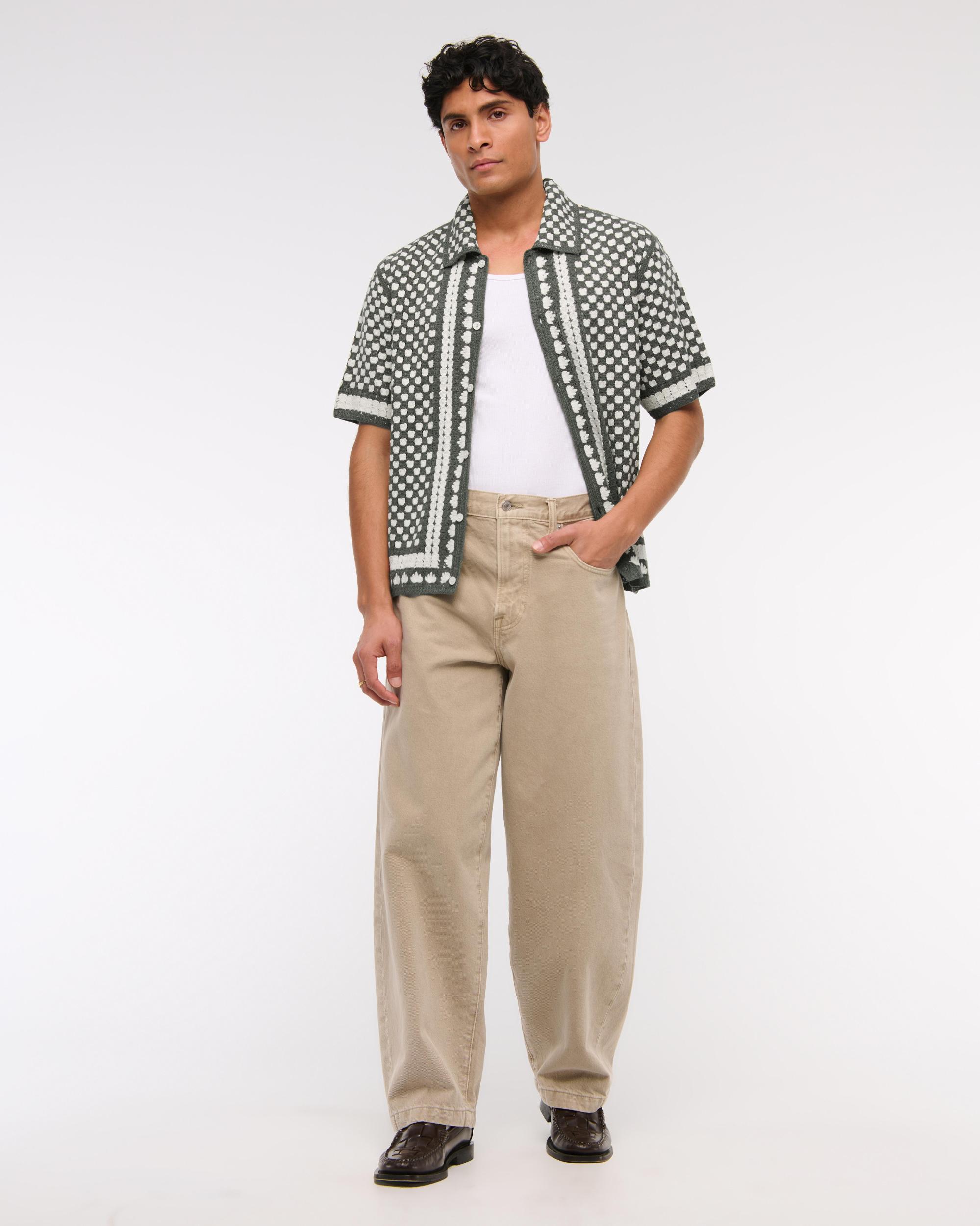 Crochet-Style Border Stripe Button-Through Sweater Polo Product Image