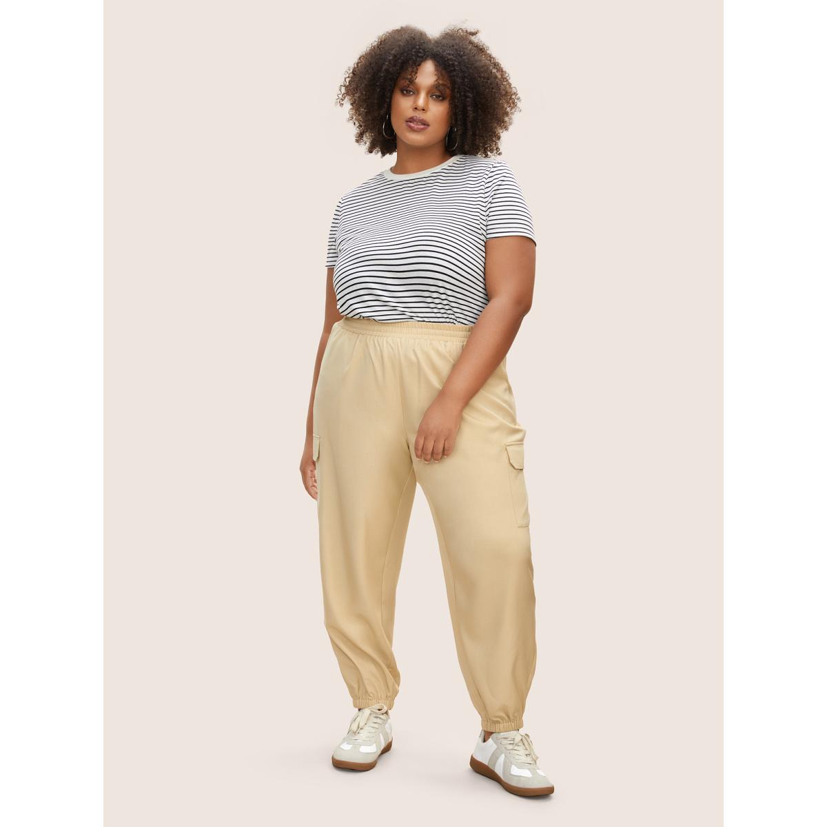 Plus Size Patched Pocket Elastic Waist Tapered Pants Women Tan Casual Harem High Rise Everyday Pants BloomChic 14-16/1X Product Image