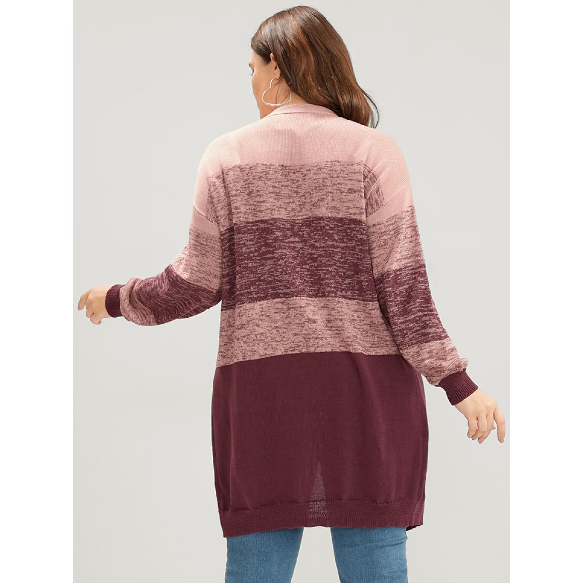 Plus Size Colorblock Contrast Pointelle Knit Button Front Heather Cardigan RedViolet Women Casual Loose Long Sleeve Dailywear Cardigans BloomChic 28/5X Product Image