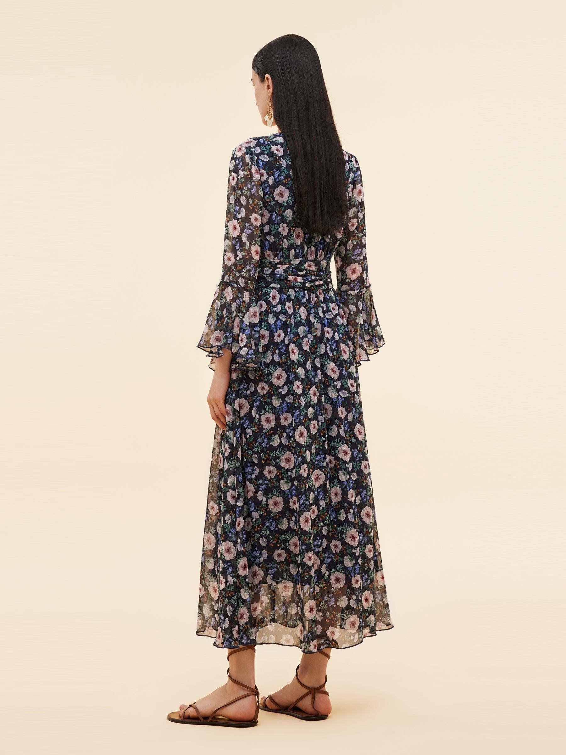 10MM Mulberry Silk Floral Print Women V-Neck Maxi Dress Product Image