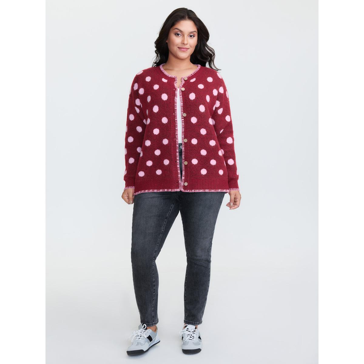 Plus Size Polka Dots Jacquard Buttons Knit Cardigan Scarlet Women Playful Loose Long Sleeve Casual Cardigans BloomChic 14-16/1X Product Image