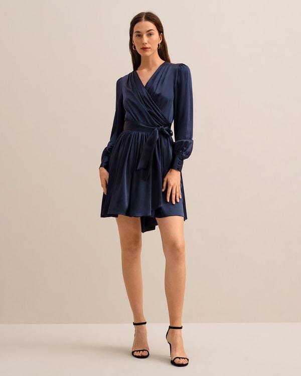 LILYSILK Long Sleeve Silk Dress for Women Navy Blue Pure Silk Glossy Puff Sleeves Skin-Friendly and Breathable S Product Image