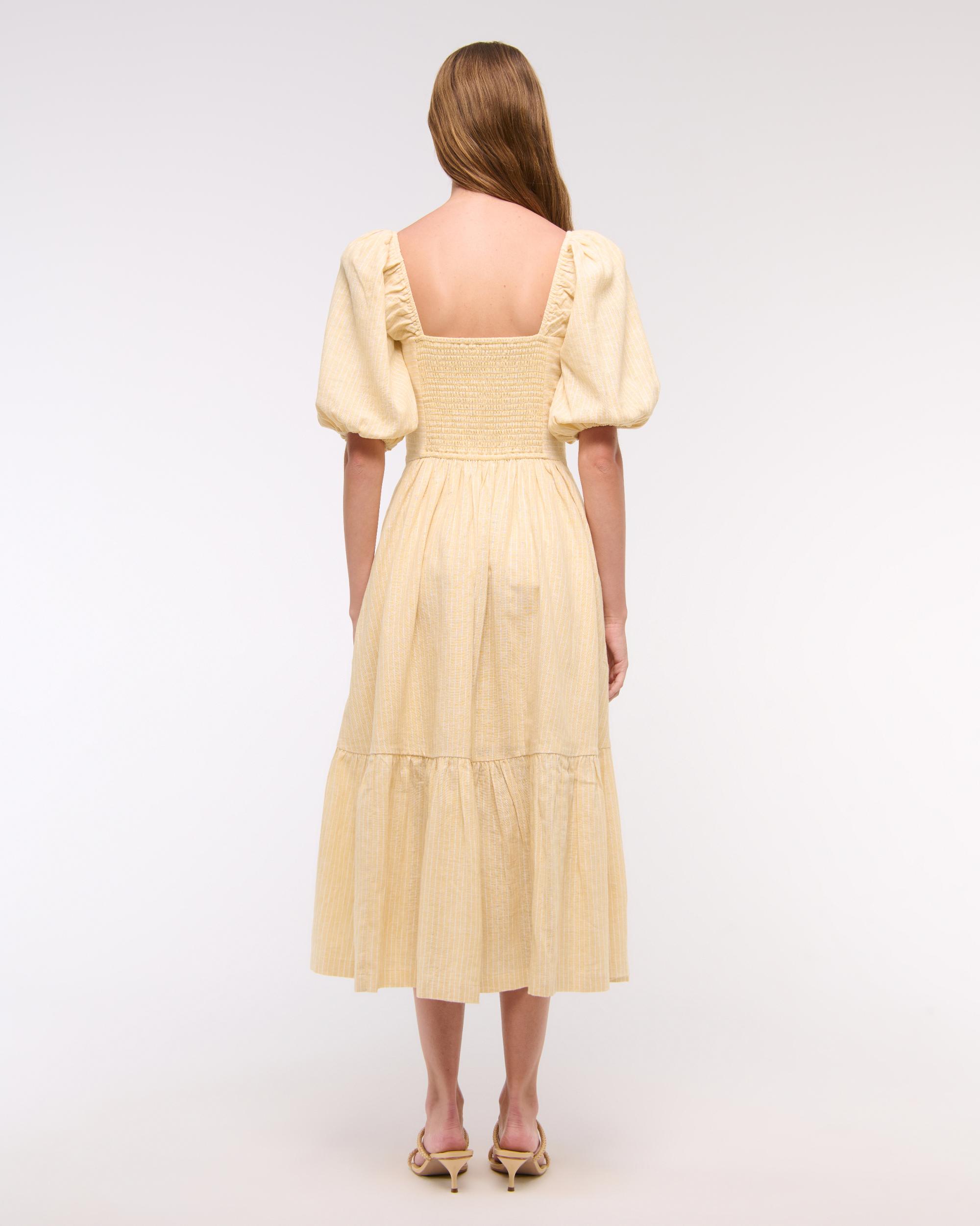 The A&F Emerson Linen-Blend Puff Sleeve Midi Dress Product Image