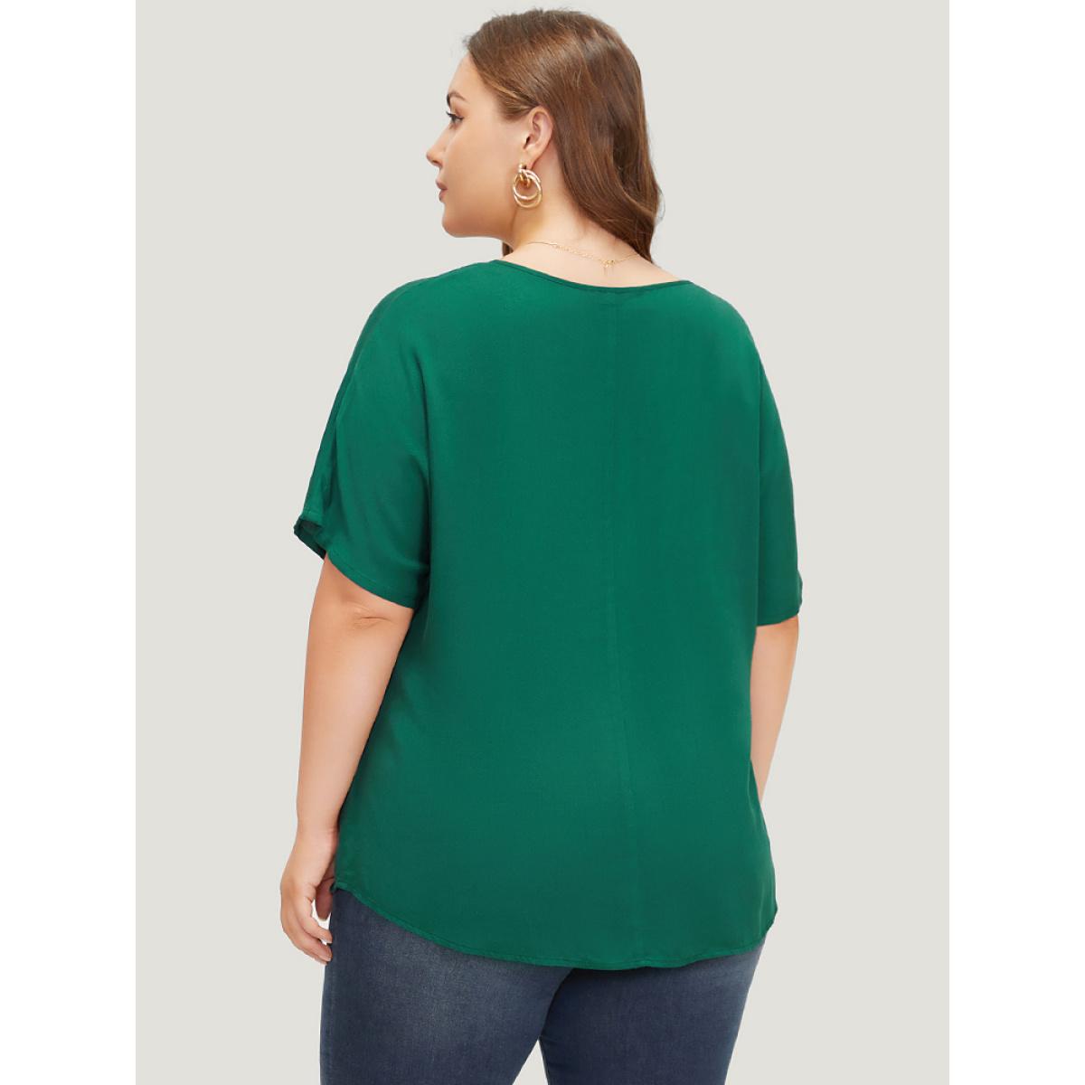Plus Size ArmyGreen Plain Plicated Detail Batwing Sleeve Curved Hem Blouse Women Office Short sleeve V-neck Office Blouses BloomChic 10/M Product Image