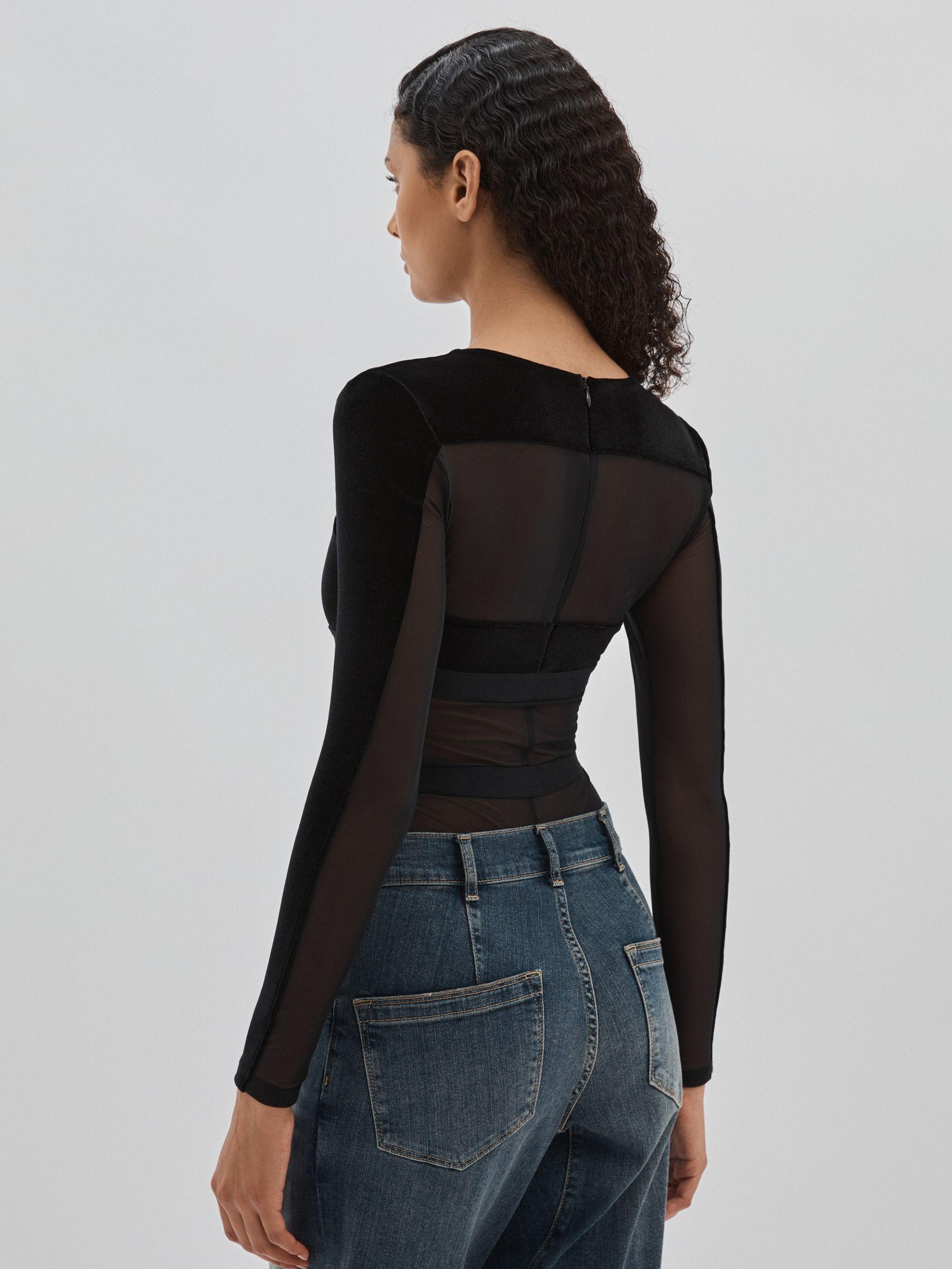 Velvet and Mesh Bodysuit in Black Product Image