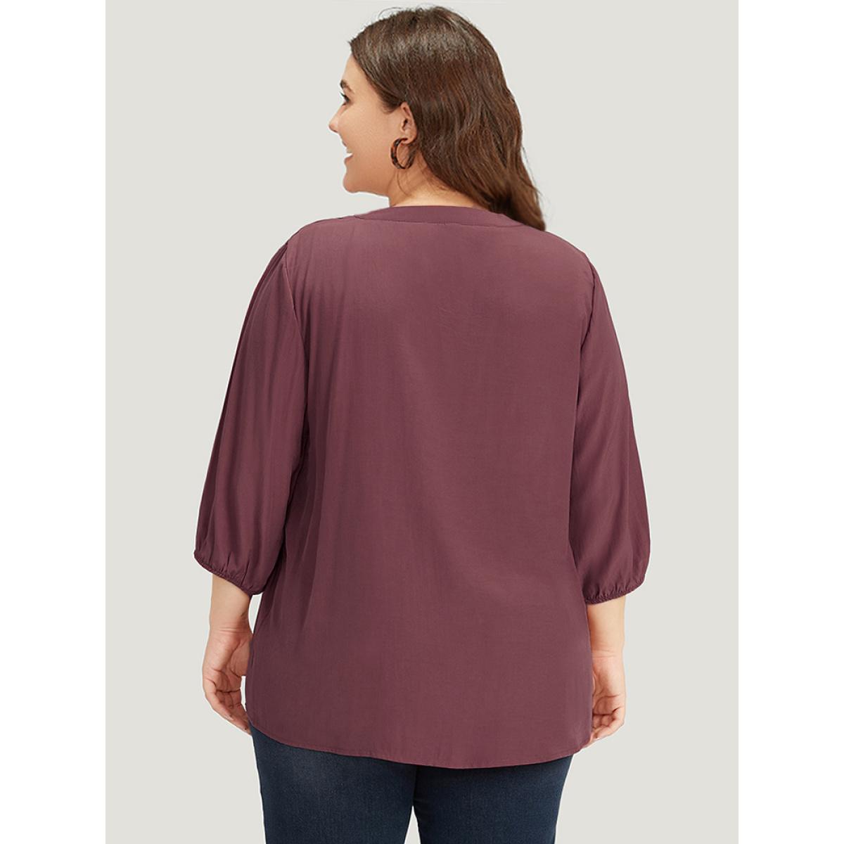 Plus Size Scarlet Plain Notched Button Through Elastic Cuffs Shirred Blouse Women Office Elbow-length sleeve V-neck Office Blouses BloomChic 30/6X Product Image