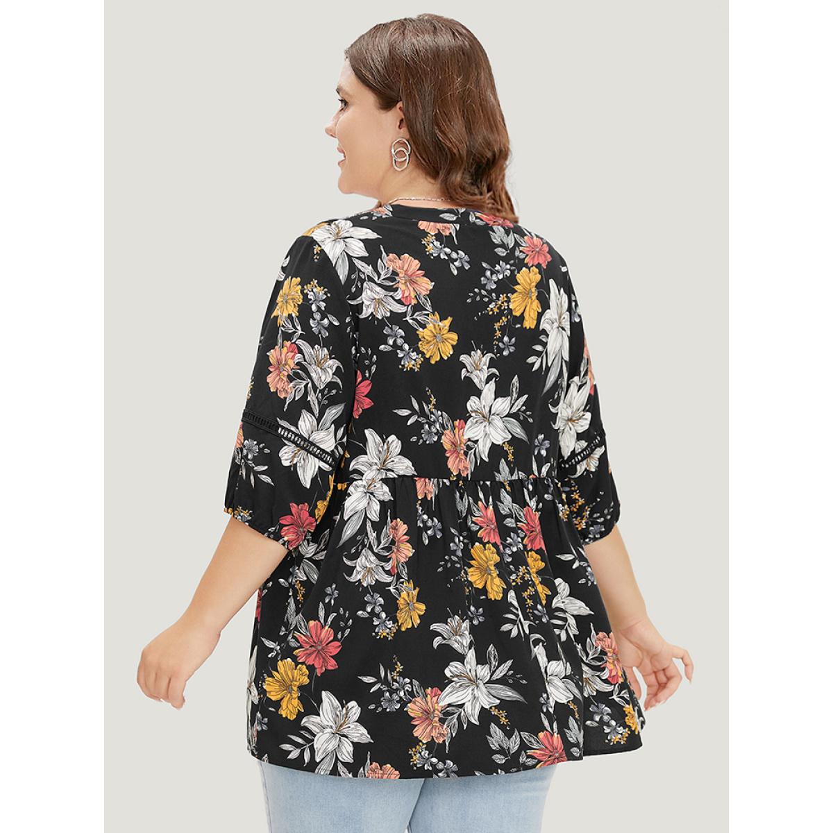 Plus Size Black Floral Lantern Sleeve Lace Gathered Notched Blouse Women Elegant Elbow-length sleeve Notched collar Dailywear Blouses BloomChic 12/L Product Image