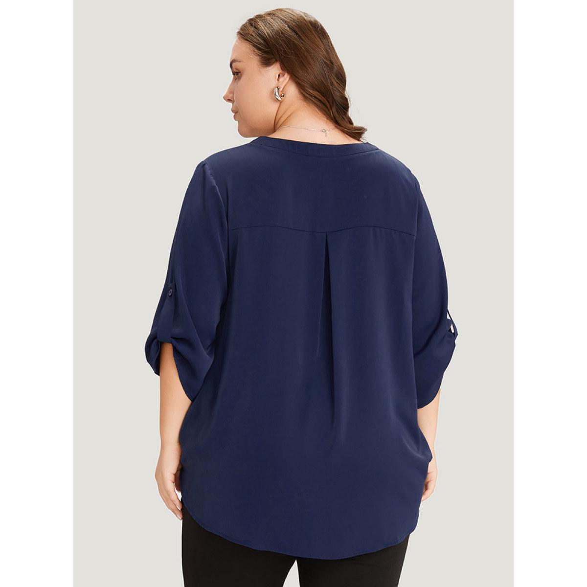 Plus Size Indigo Solid Button Up Notched Crossover Hem Blouse Women Office Elbow-length sleeve Notched collar Work Blouses BloomChic 14-16/1X Product Image