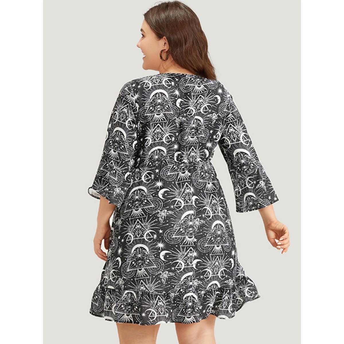 Plus Size Halloween Moon & Star Lace Up Pocket Bell Sleeve Dress Black Women Office Cross straps Round Neck Elbow-length sleeve Curvy Knee Dress BloomChic 30/6X Product Image