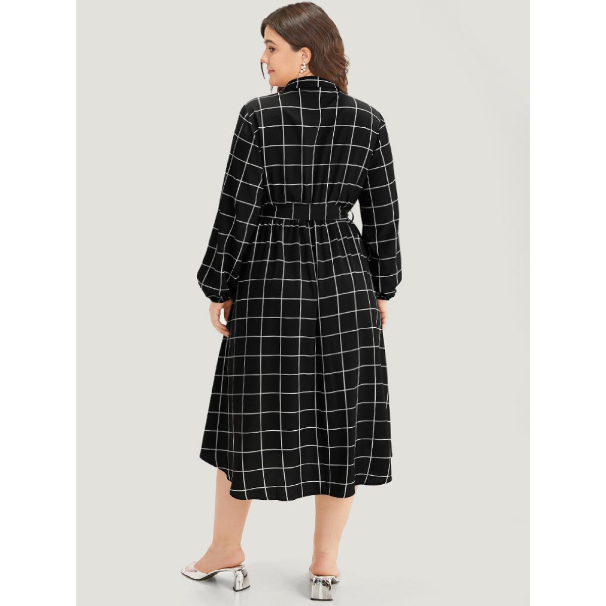 Plus Size Plaid Shirt Collar Belted Lantern Sleeve Dress Black Women At the Office Elastic cuffs Shirt collar Long Sleeve Curvy Midi Dress BloomChic 14-16/1X Product Image
